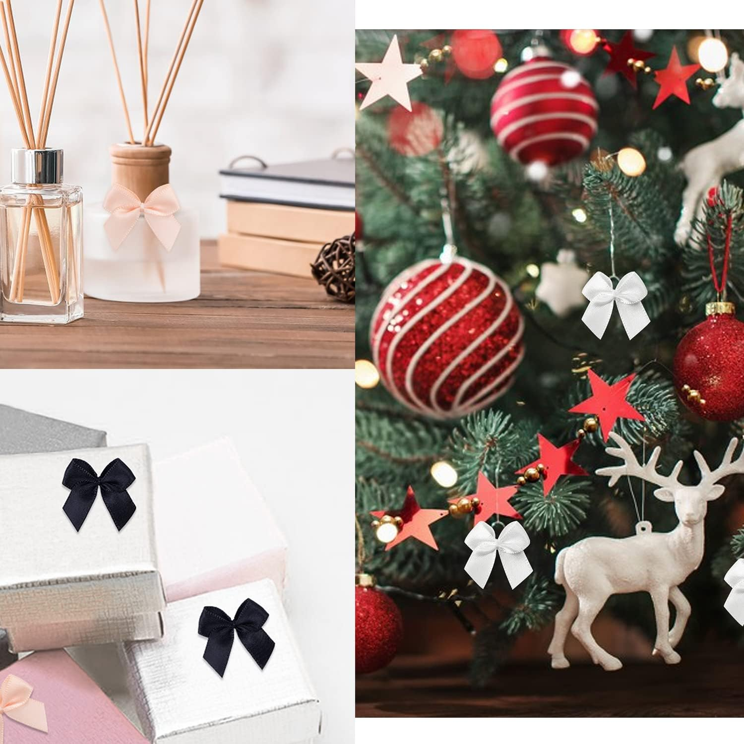 150 Pieces Mini Ribbon Bows for Crafts Black White Champagne Tiny Satin Bow for Gift Wrapping, Invitations, Christmas Tree