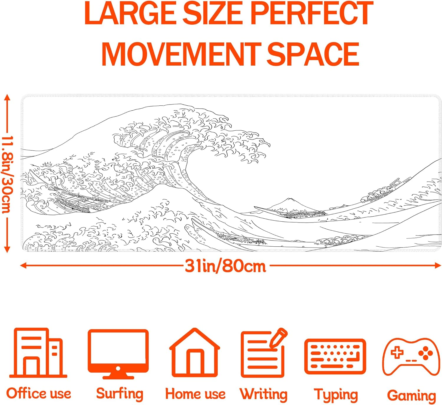 Japanese Sea Wave White Large Mouse Pad, Gaming Pad Mousepad Extended Kanagawa Mat Desk XL with 3Mm Thick Long Non-Slip Rubber Base Mice 31.5 X 11.8 Inch, image number 4