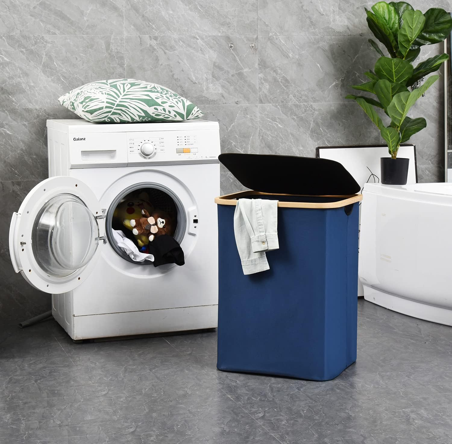 ALINK Folding Large Bamboo & Canvas Laundry Hamper- Single Laundry Basket with Lid - Modern Collapsible Hamper with Handles, Waterproof Liner, Great for Bedroom, Bathroom, Living Room-Blue image number 6