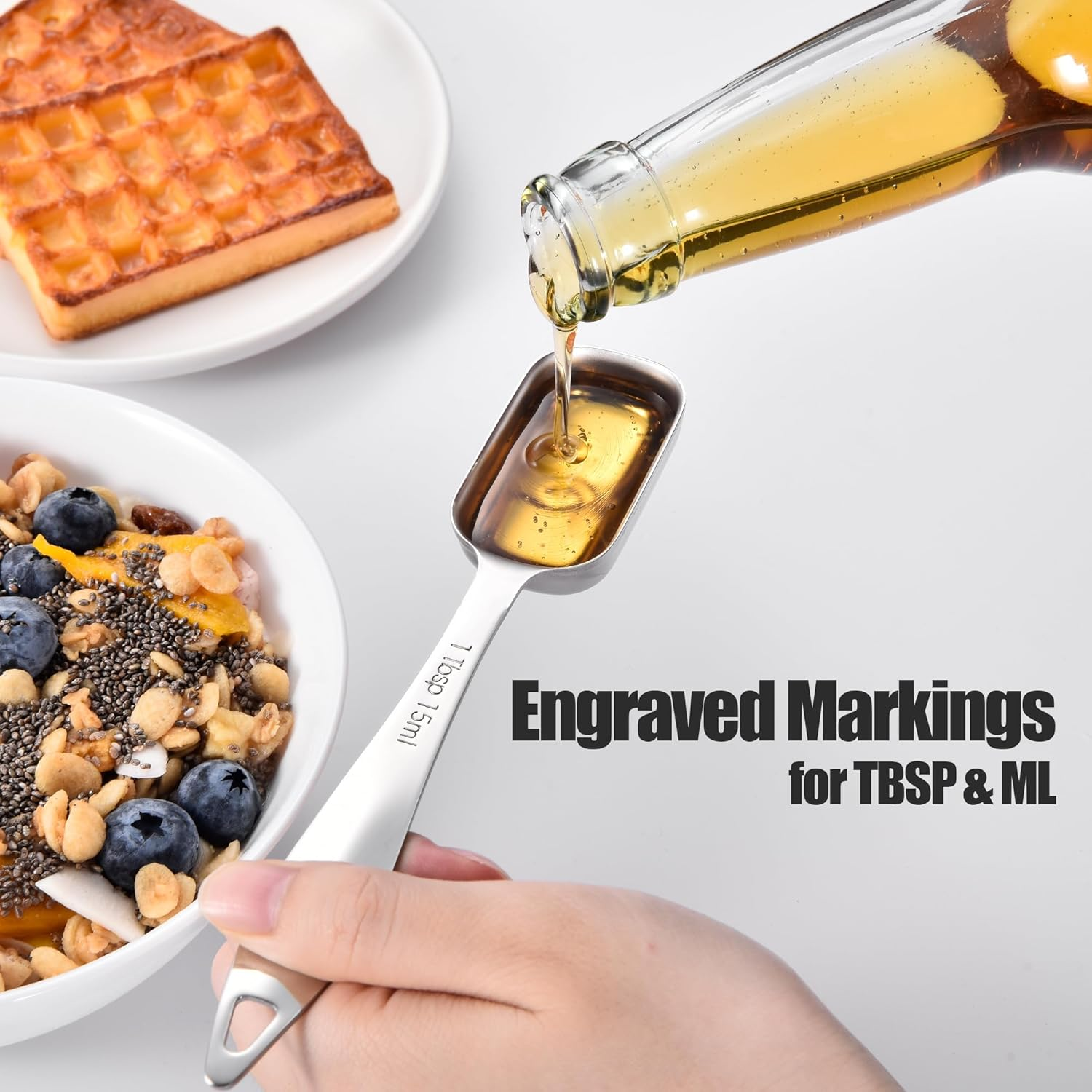 18/8 Stainless Steel Measuring Spoons: Doosu Heavy Duty Rectangular Spoon Square Teaspoon Tablespoon Scoop with Slim Long Handle in Narrow Spice Jar for Kitchen Baking Cooking (Set of 8 with Leveler) image number 6