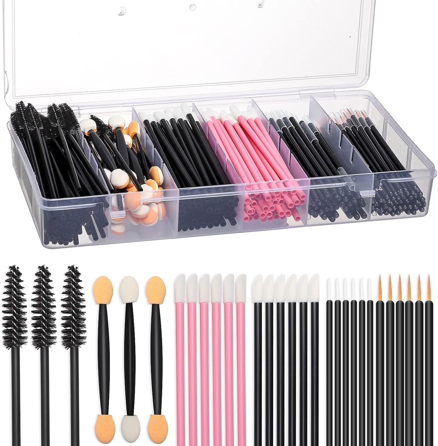 300Pcs Disposable Makeup Tool Kit,Brow Brush/Mascara Brush/Lip Applicators/Eyeshadow Applicators/Eye Liner Brush, Makeup Disposable Accessories with Organizer Box