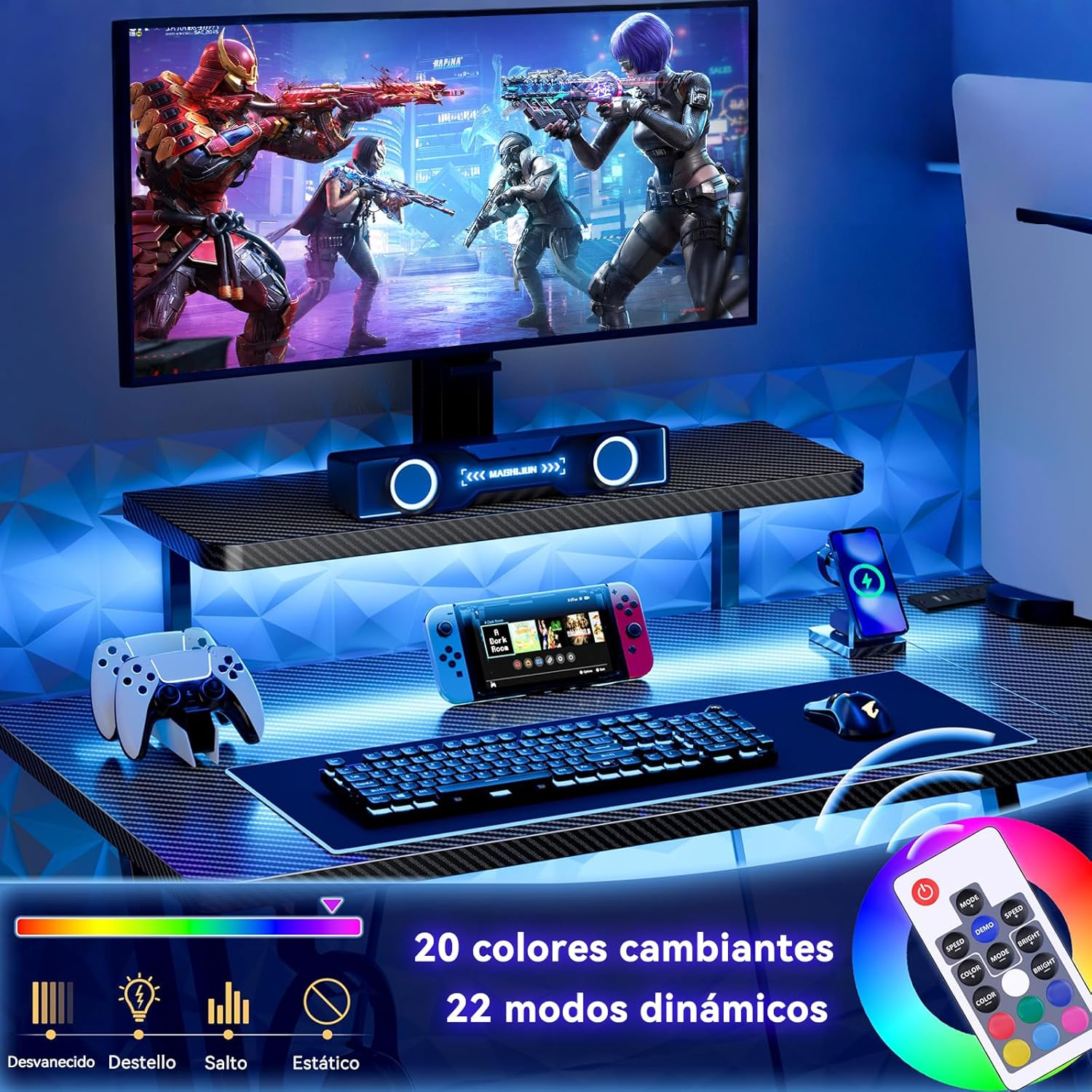 Gaming Desk with Power Outlet & 20 Color LED Light Strip,100 * 65 * 75Cm, L Shaped Corner Desk with Monitor Stand for Small Space, Computer Desk with Reversible Storage Shelves image number 2
