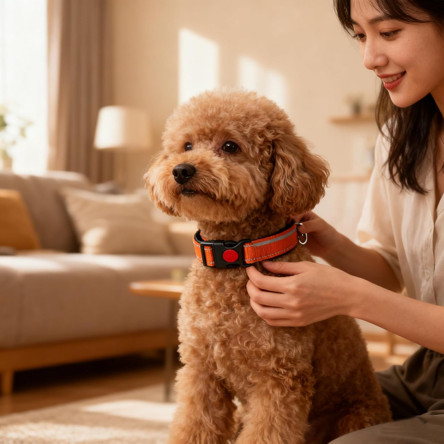 Reflective Nylon Dog Collar with Safety Buckle, Adjustable Pet Collars with Soft Neoprene Padding (Orange, M)