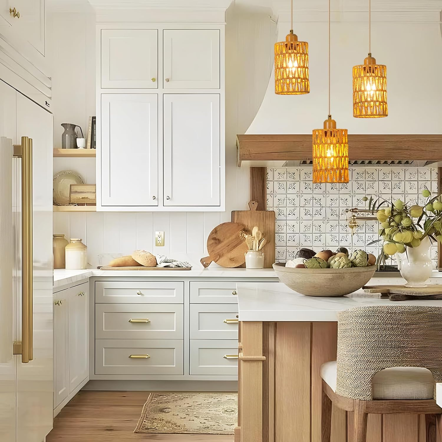 FORCOSO 3-Light Rattan Boho Pendant Lamp, Brown, 24X30Cm, E27, Indoor, Multiple Rooms - Rattan Ceiling Lamp image number 6