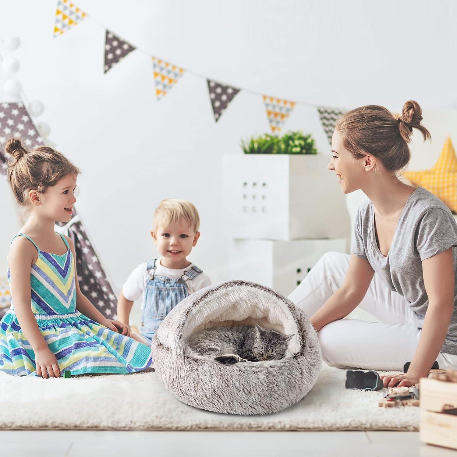 METOY Cat Bed,Plush Hooded Cat Beds for Indoor Cats, Calming Cat Nest,Self Warming Cat Bed Cave,Cozy Cat Pod for Indoor Cat or Small Dog,Removable Washable Cat Cove with Non-Slip Bottom image number 6