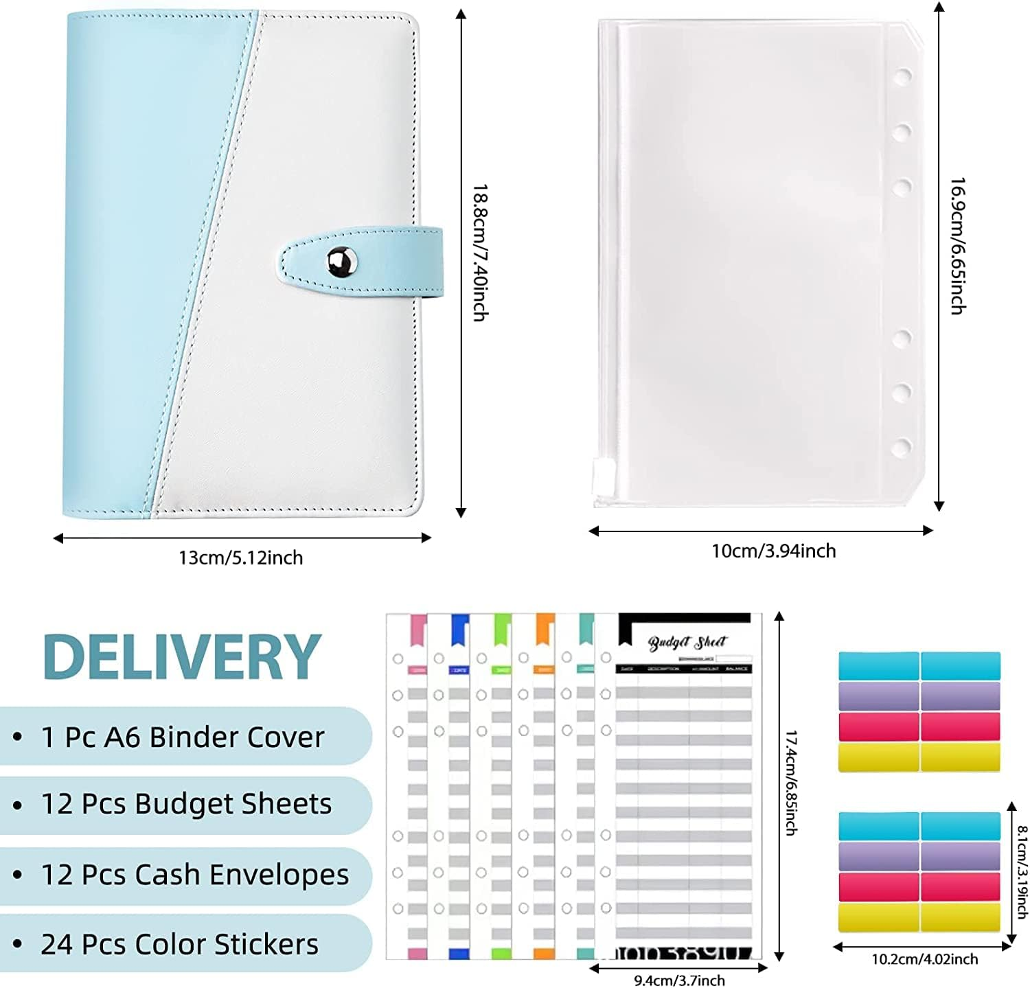 Budget Binder with Cash Envelopes for Budgeting, A6 Size, 12Pcs Budget Planner, Zipper Envelopes (Blue-White) image number 1