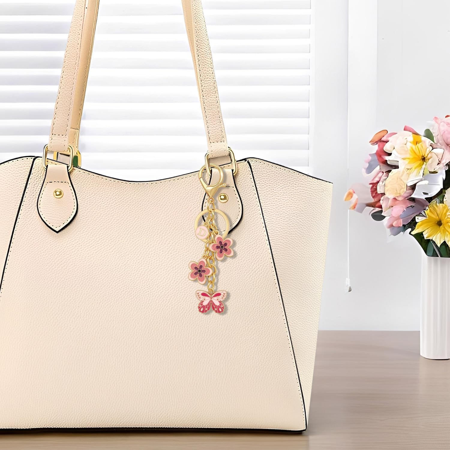 Yeeyeow Cute Initial Letter Flower and Butterfly Keychain for Women Purse Charms Bag Charms for Handbag Backpack image number 3