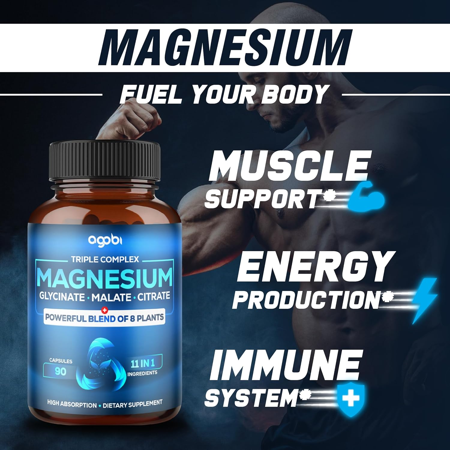 11In1 Magnesium Glycinate Chelate Complex with Magnesium Malate Powder, Pure Magnesium Citrate, Black Bean & Others - 90 Capsules image number 5