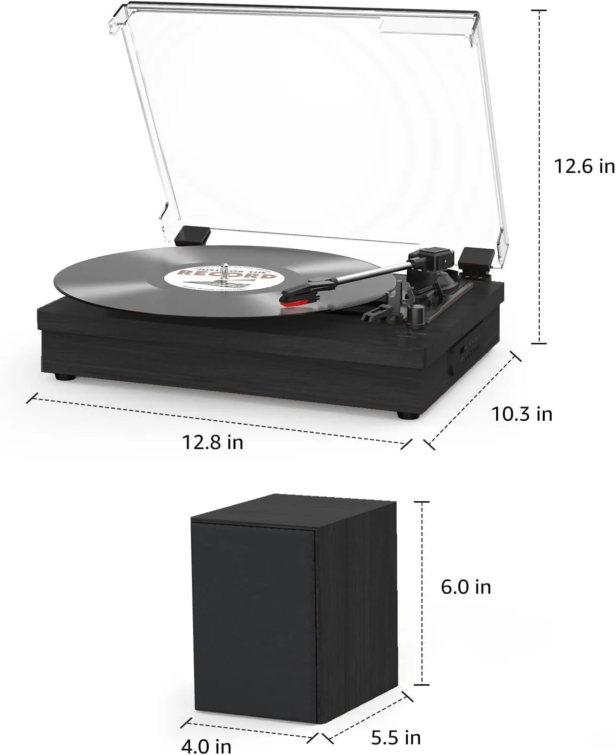 Black Retro Vinyl Record Player External Stereo Speakers Bluetooth, USB & AUX Input image number 1