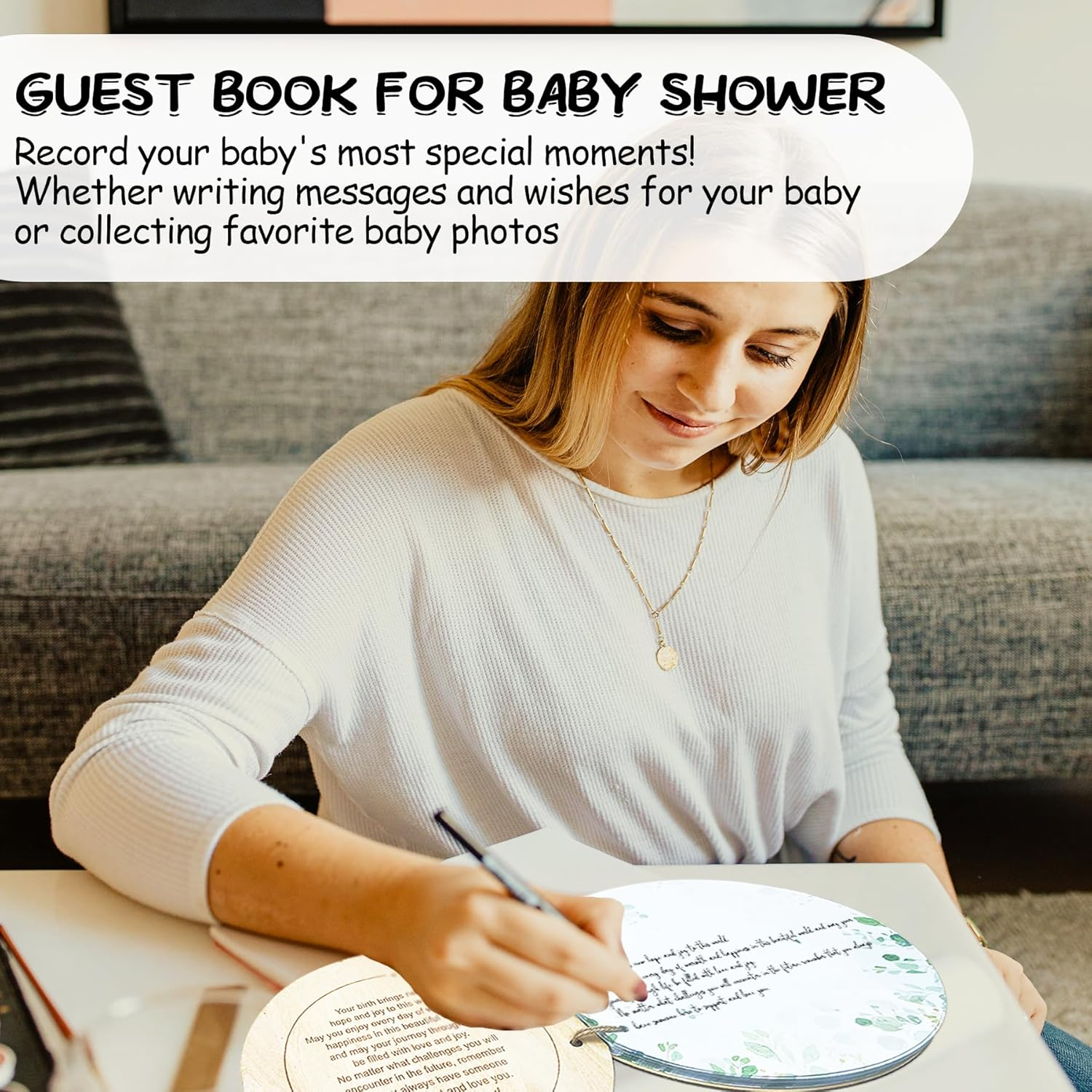 1DFAUL Baby Shower Guest Book Alternatives Girl Boy, 80 Pages Hey Baby Shower Sign in Guest Book with Watercolor Design, Wood Keepsake for New Parents image number 5