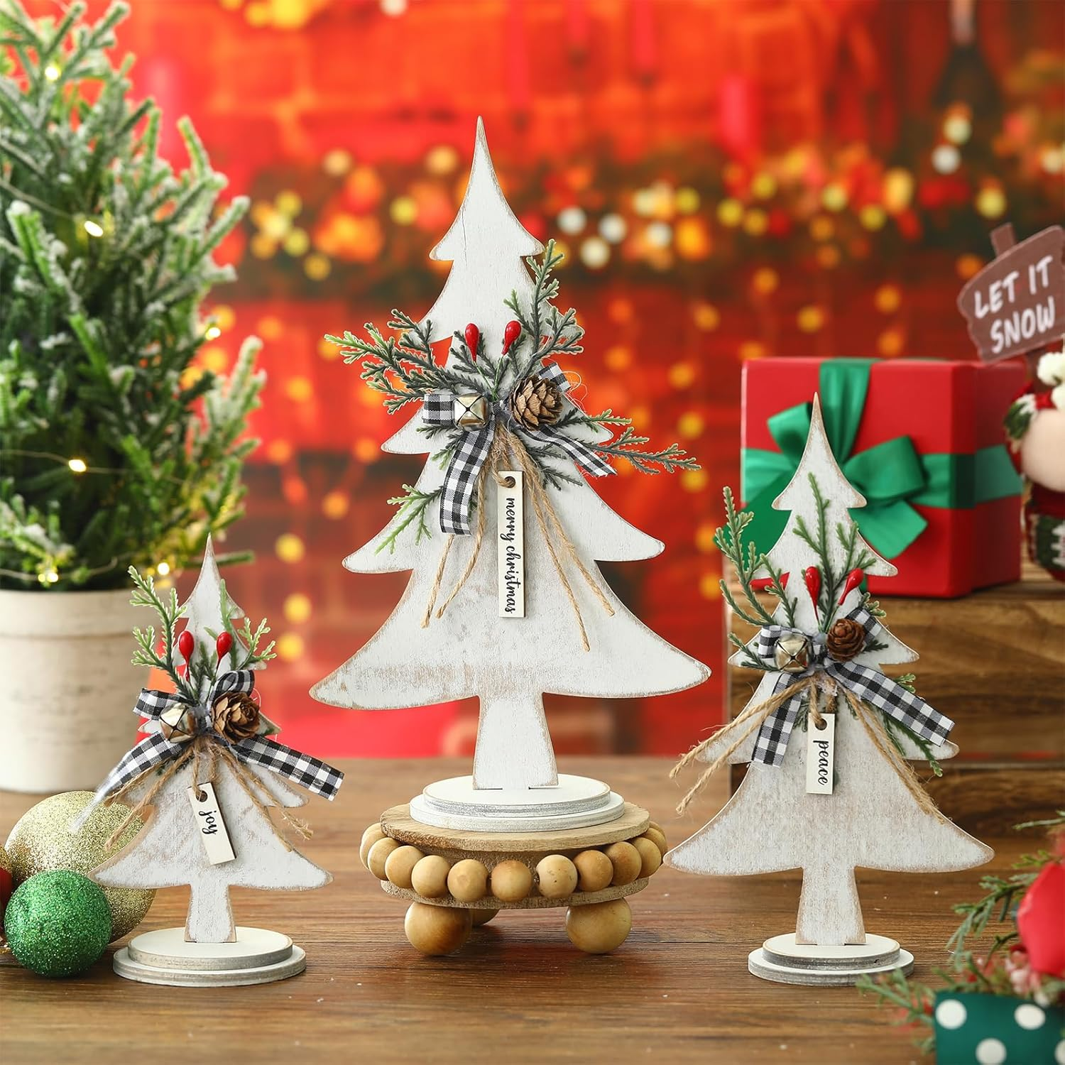 Soaoo 3 Pcs Christmas Trees Wooden Table Decorations Rustic Farmhouse Small Christmas Tree Tabletop Centerpieces Retro Wooden Centerpiece for Xmas Holiday Decor Home - Star image number 3