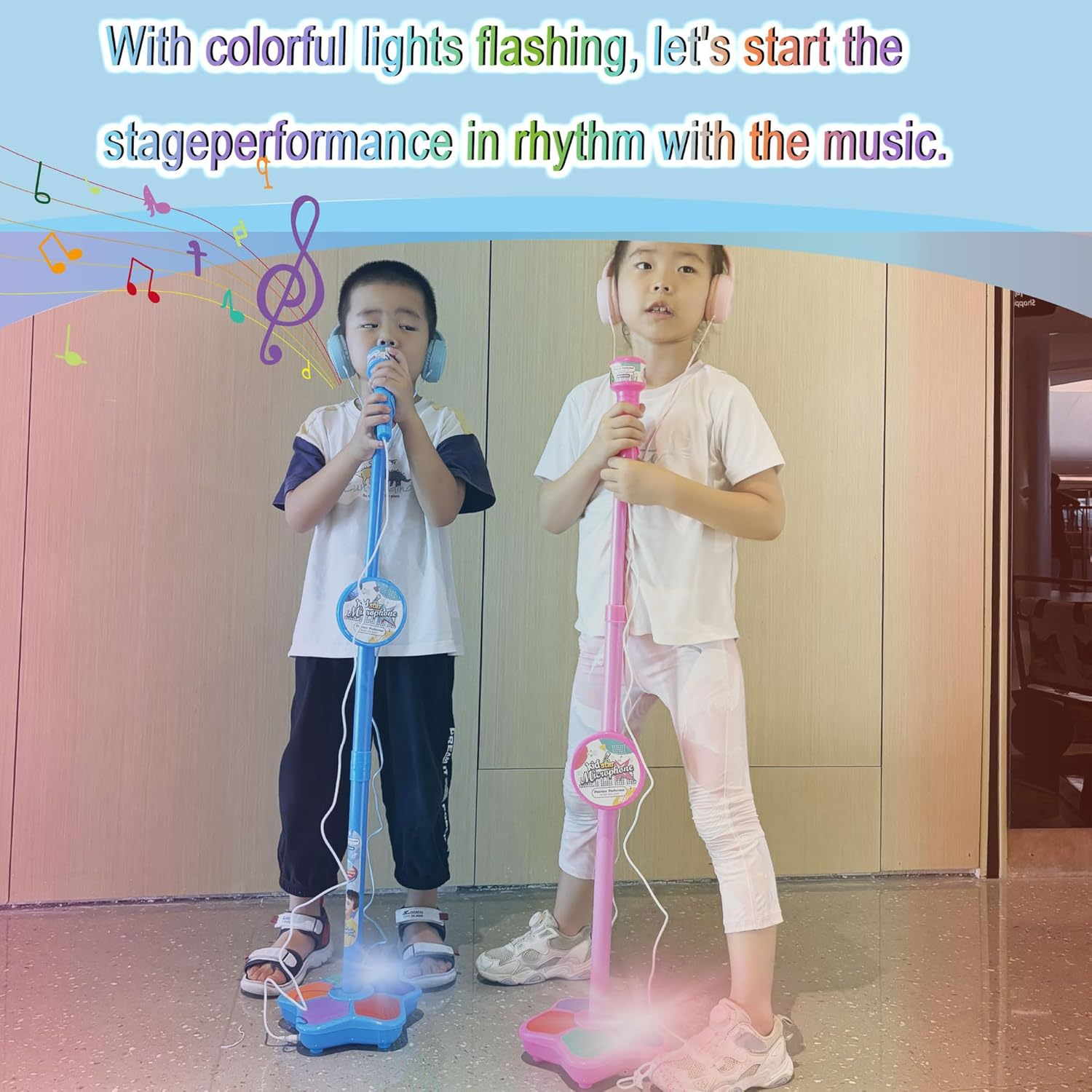 Kids Karaoke Machine with Adjustable Microphone Stand for Kids Standing Mic for Portable Singing Retractable Headset for Music & Sing-Along Flashing Stage Light Base for Aged 3-6 Boys Girls (Pink) - Pink image number 6