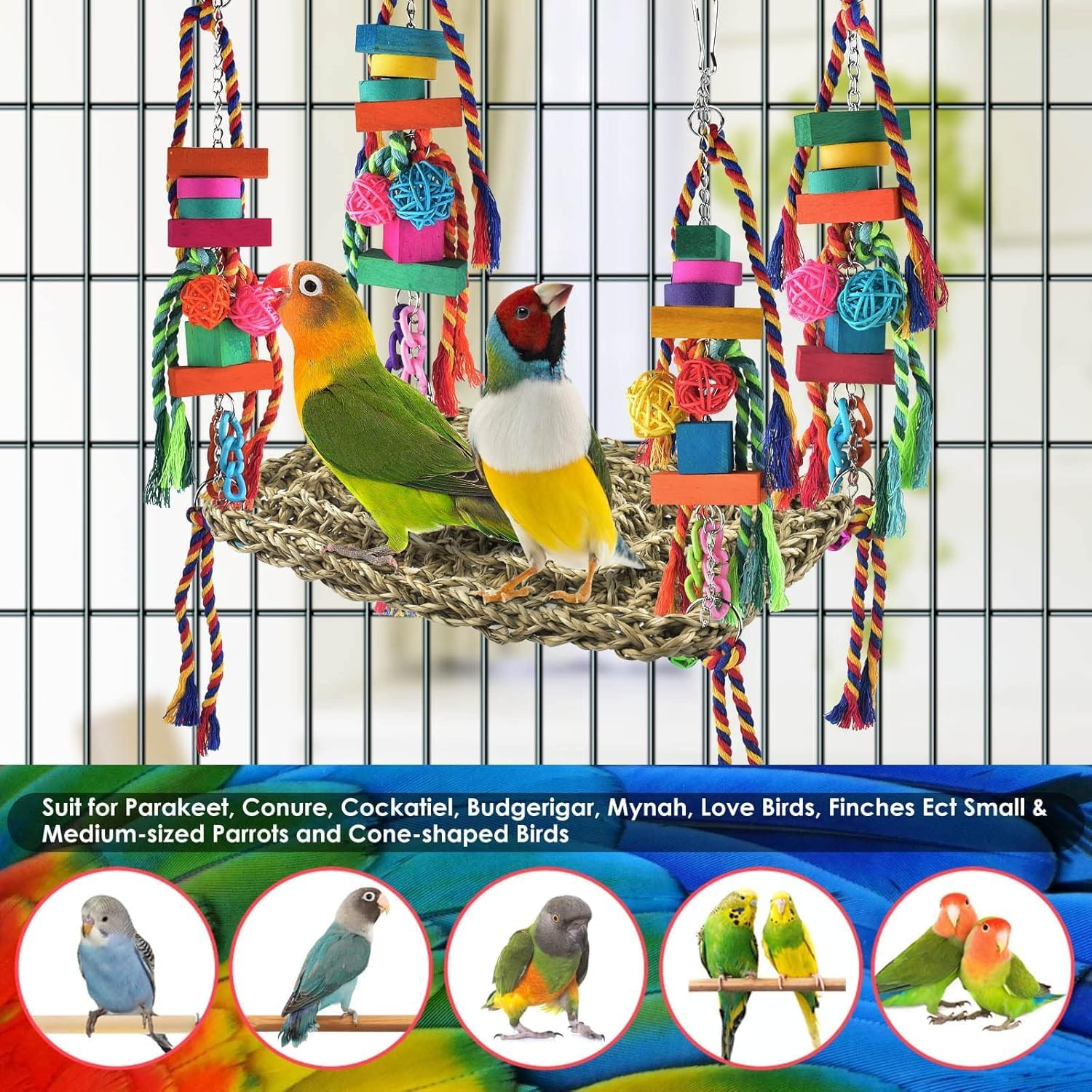 Bird Toys, Bird Foraging Wall Toy Large Size Seagrass Woven Climbing Hammock Swing Mat with Colorful Chewing Toys for Lovebird, Parakeet, Budgie, Conure, Cockatiel, Small Birds image number 1