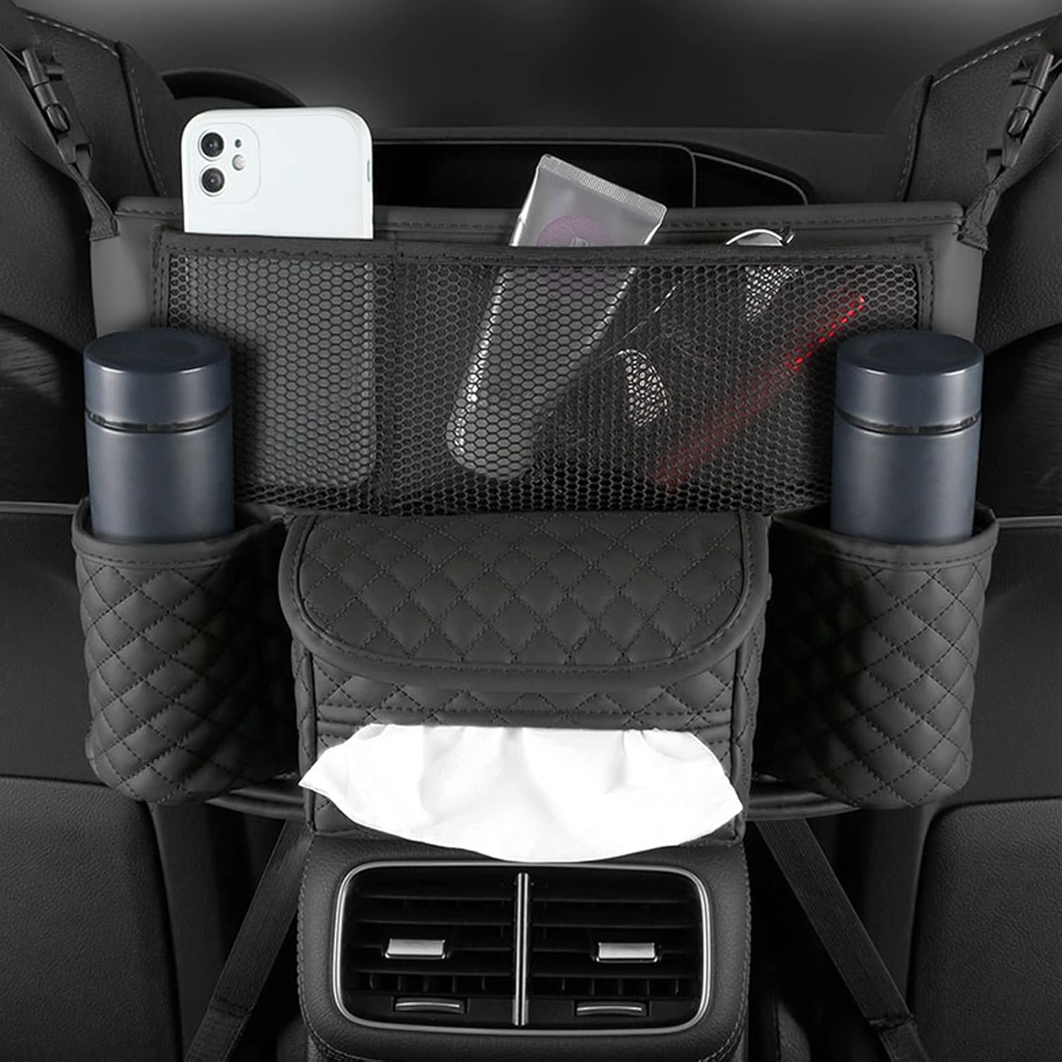 Car Purse Holder - Durable Leather Seat Back Organizer, Front Seat Storage Barrier, Pet & Kids Driver Storage Netting Pouch