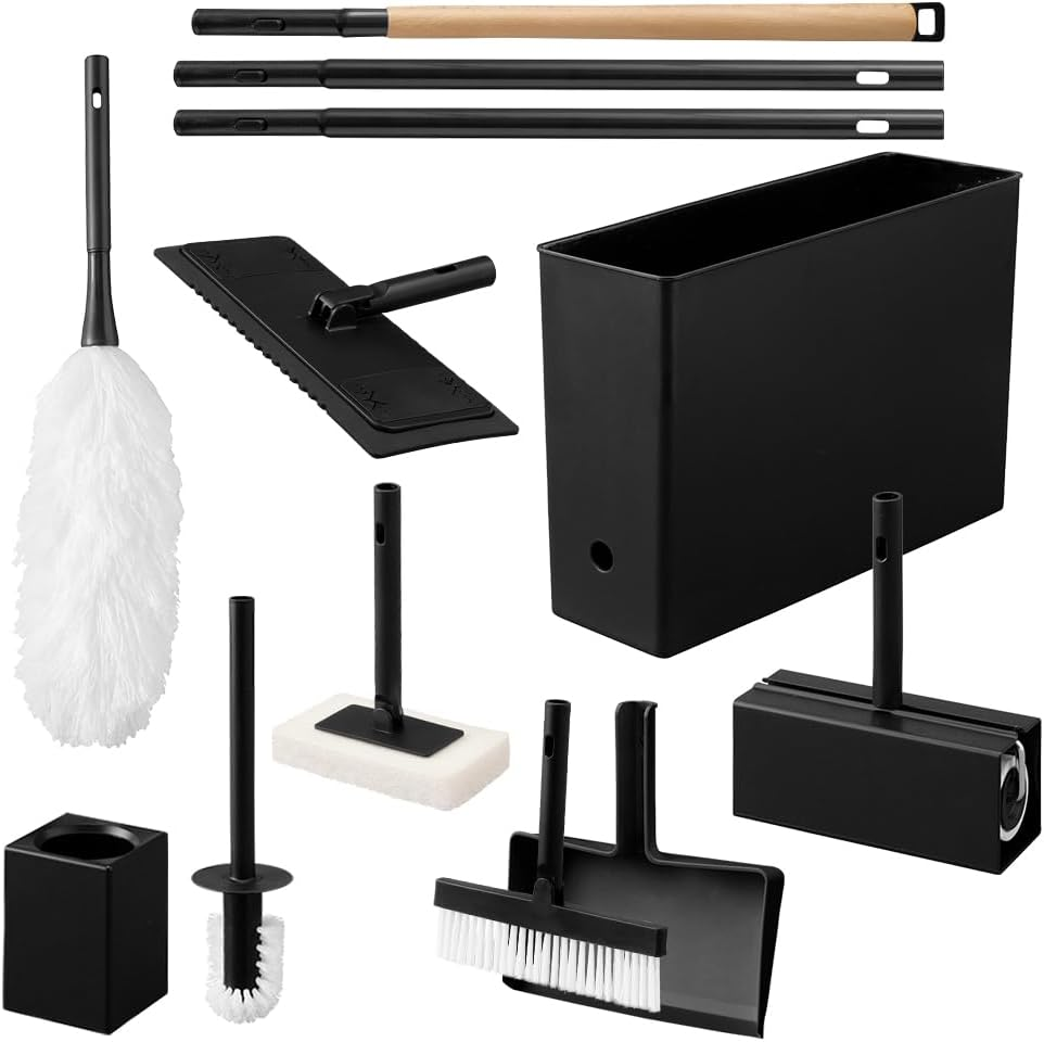 Iris Ohyama SSE-9B Cleaning Set of 9 Houses That Can Be Removed and Removed with Buttons, Stretches the Handles, Makes Your Body Less Painful, Can Be Stored Together, Hang and Store, Natural Wood,