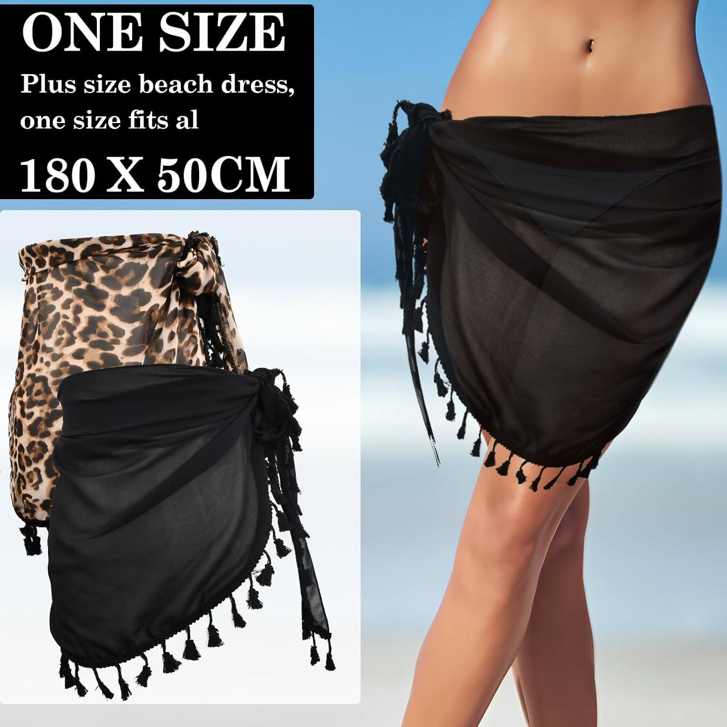 2 Pieces Women Beach Sarong with Tassel, Chiffon Beach Cover up for Women, Swimsuit Wrap Pareo for Bikini, Sexy Short Skirt Beach Cover for Summer Holiday, Black and Leopard image number 2