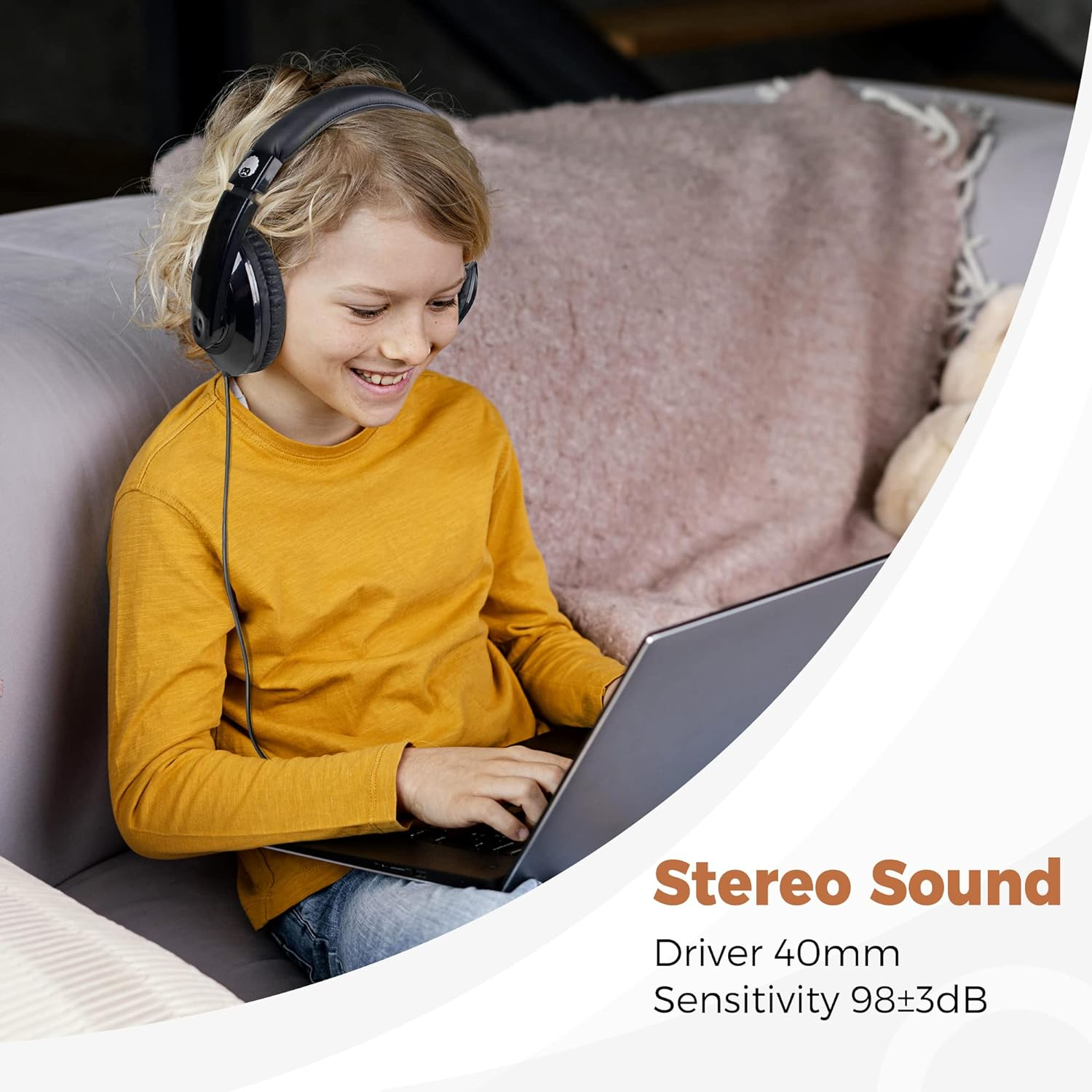 Rockpapa Comfort Kids Headphones, over Ear Head Phones Childrens Wired with Adjustable Headband, Foldable, Stereo Sound, Wired Headphones for Kids Girls Teens Adults(Black) image number 5