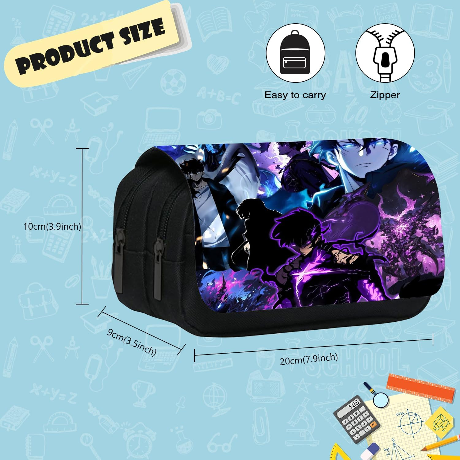 UBBY Solo Leveling Pencil Case Double Layer with Zipper 20 X 10 X 9 Cm Pencil Case for School Office Travel Teens - Polymorphism image number 2