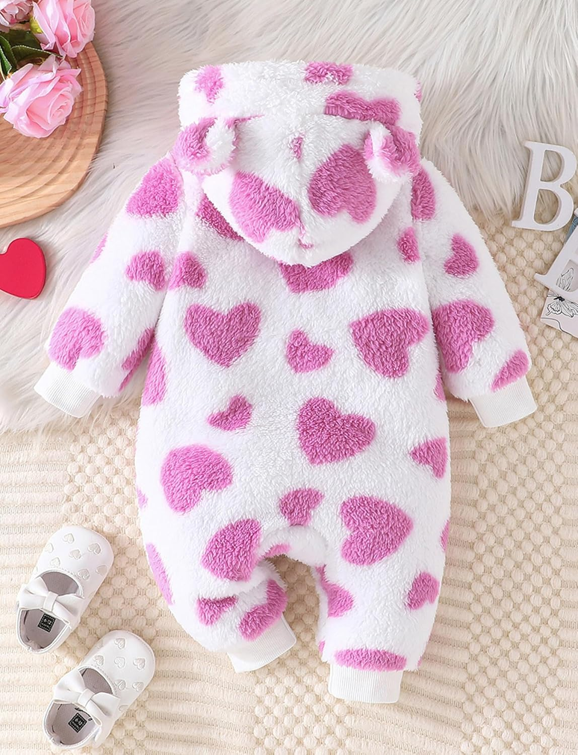 SEAUR Newborn Baby Girl Snowsuit Winter Hooded Fleece Jumpsuit Infant Bear Ear Snow Suit Zip up Romper Warm Outwear Outfits image number 2