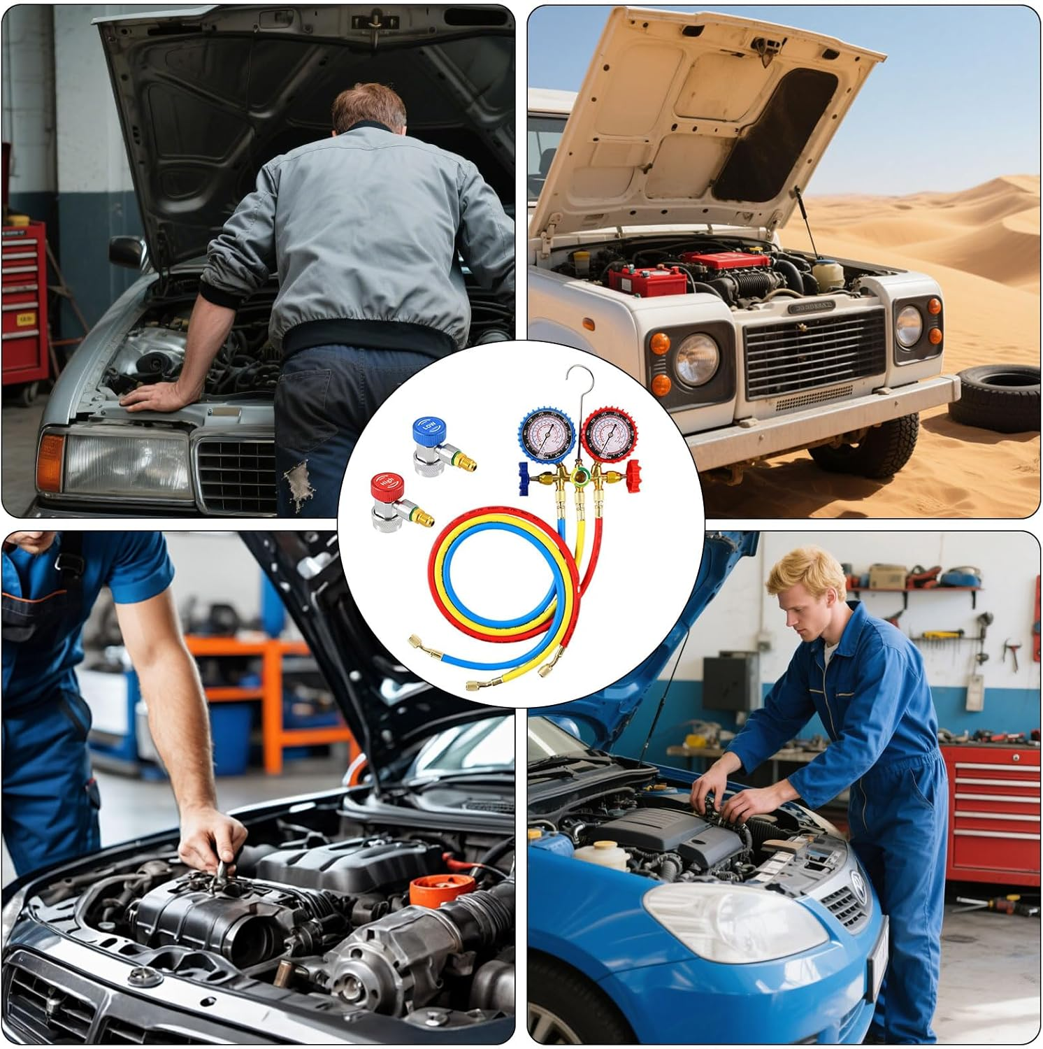 AC Manifold Gauge Set for R134A R12 R22 R502, 3 Way Refrigerant Diagnostic Kit with 1.2M Hose, Quick Couplers, Puncturing Can Tap, 1/4" to 1/2" Adapter for Car and Home HVAC Recharge and Maintenance