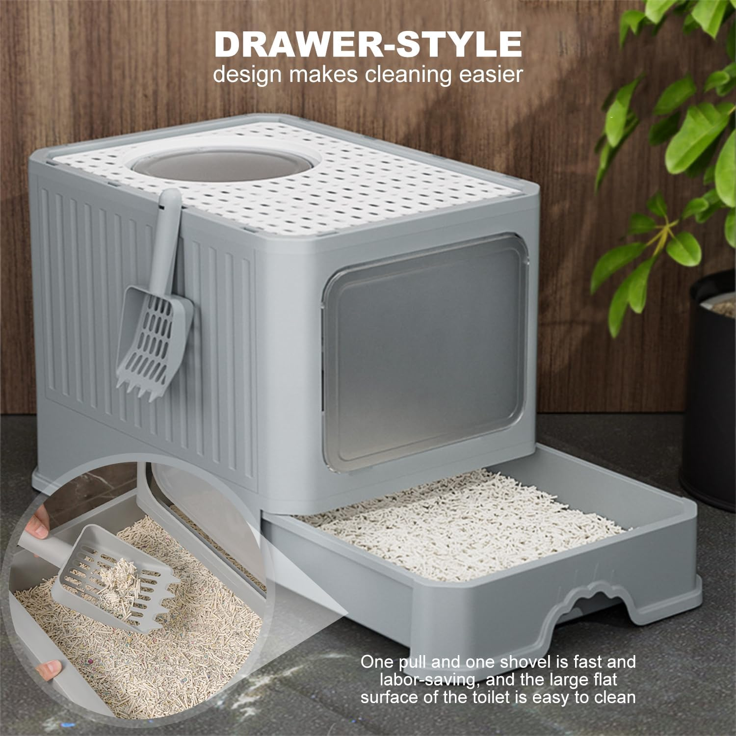 Extra Large Cat Litter Box, 50X40X40Cm Cat Litter Box Front Entry with Lid Fully Enclosed, Drawer Design and Cat Teaser for Easy Cleaning and Convenience (Grey, L) image number 4