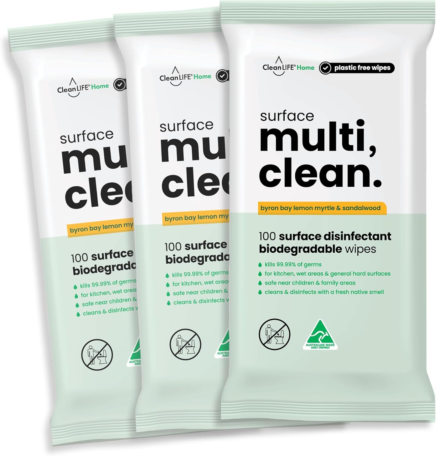 Cleanlife Surface Multi Clean Wipes &ndash; Lemon Myrtle & Sandalwood Scent, Biodegradable, Antibacterial, Plastic-Free, 100 Wipes, 3-Packs image number 1
