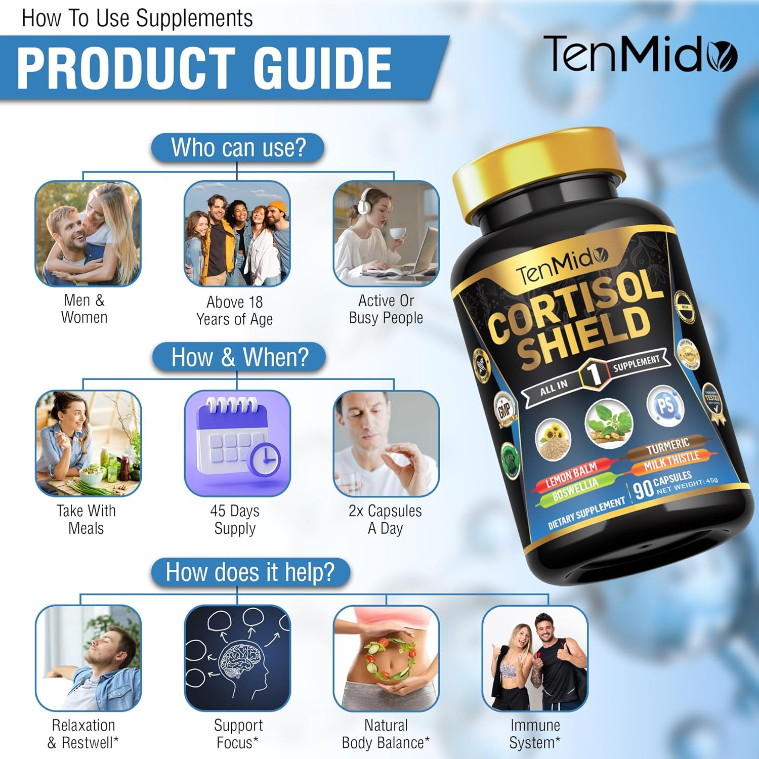 Cortisol Shield Supplement - 10In1 with Zinc, Vitd3, Ashwagandha, Sunflower Lecithin, Phosphatidylserine, Lemon Balm, Boswellia & More - 90 Vegan & Non-Gmo Capsules image number 1