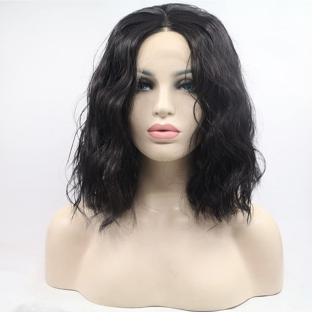 Xiweiya 16" Natural Brown Wavy Wig Synthetic Lace Front Wigs Middle Part Brunette Hair Short Soft Curly Wig Hair Replacement Wig for Women, Drag Queen Makeup