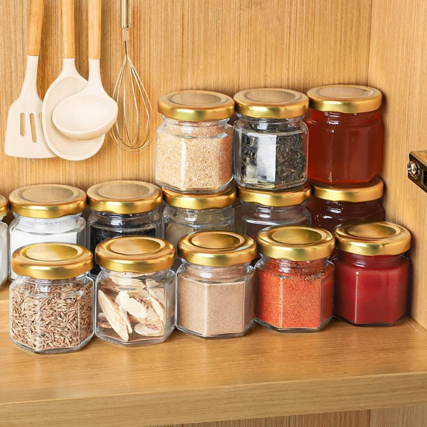 PARTY BESTBUY 10PCS Hexagon Glass Honey Jars, 1.5Oz/45Ml Mini Glass Jars with Lids, Mini Candy Jars with Gold Lids, Clear Storage Canning Jar for Candle Making,Spices,Baby Shower,Wedding,Party Favors image number 1