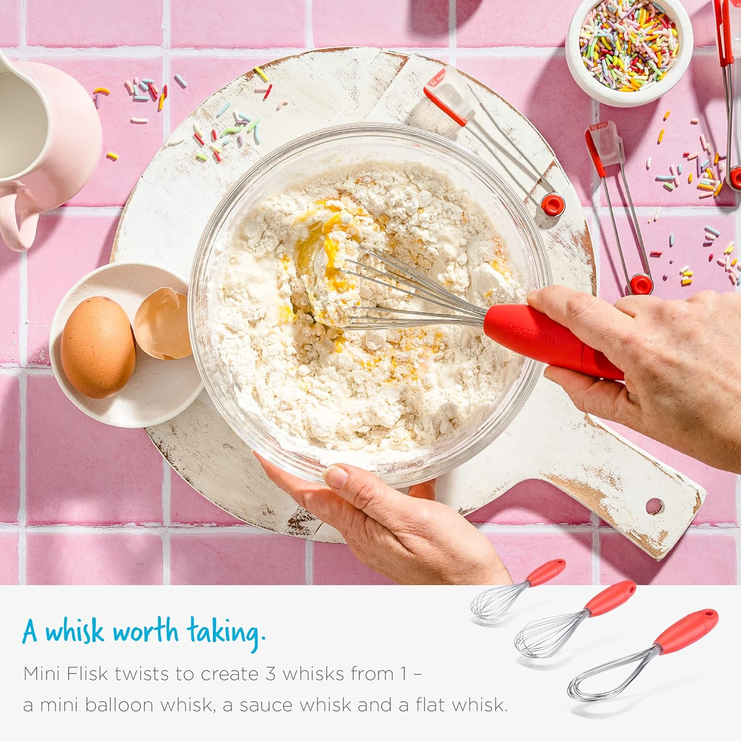 Dreamfarm Mini Flisk 3-In-1 Fold-Flat, Space-Saving Baking & Cooking Balloon Whisk, Sauce Whisk & Flat Deglazing Whisk, Stainless Steel - 9" Red image number 1