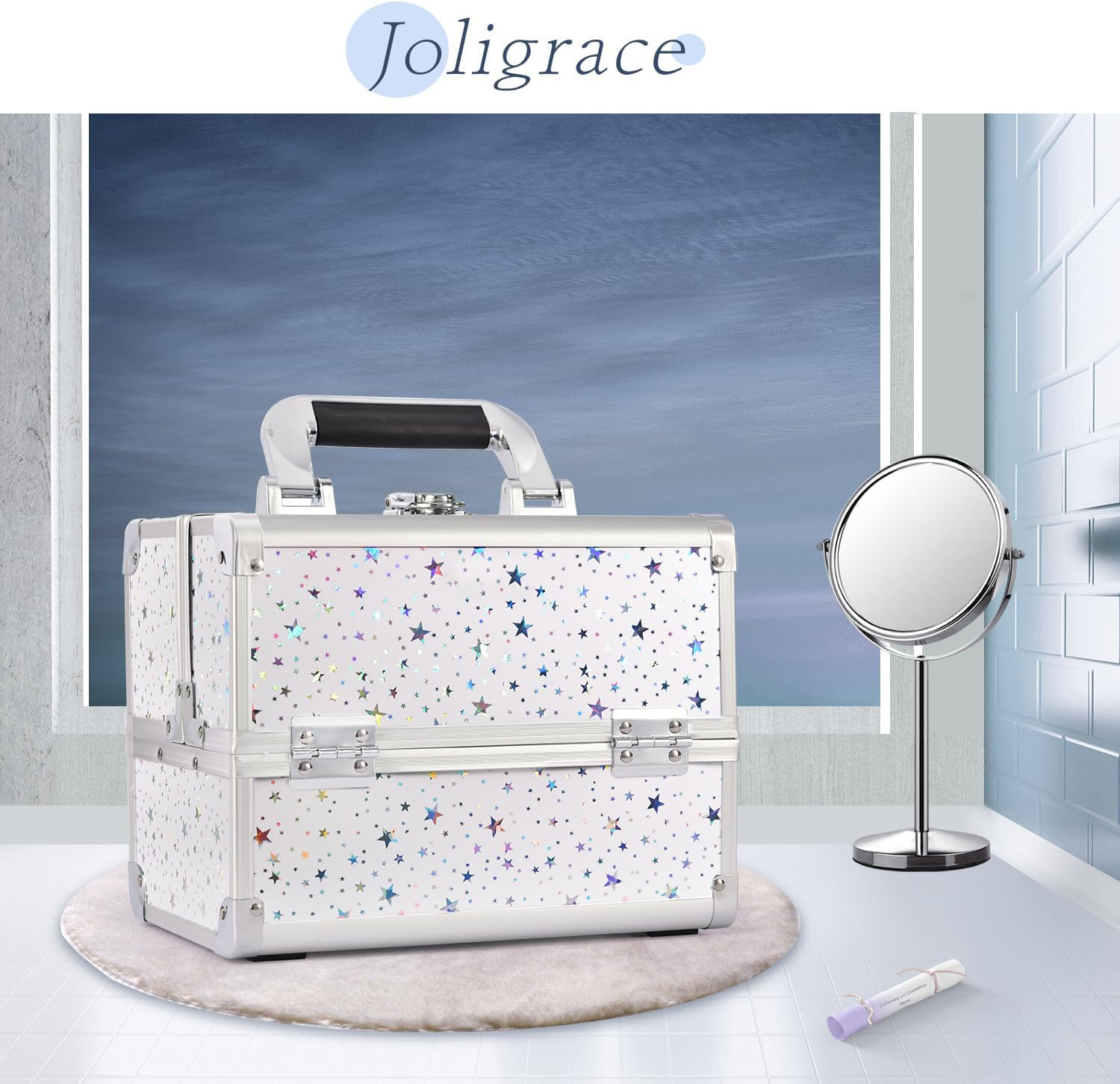 Joligrace Vanity Case Makeup Box Cosmetic Case Beauty Storage Make up Organiser Jewellery Box with Mirror, Lockable with Keys, White Holographic Star, Glamorous image number 3