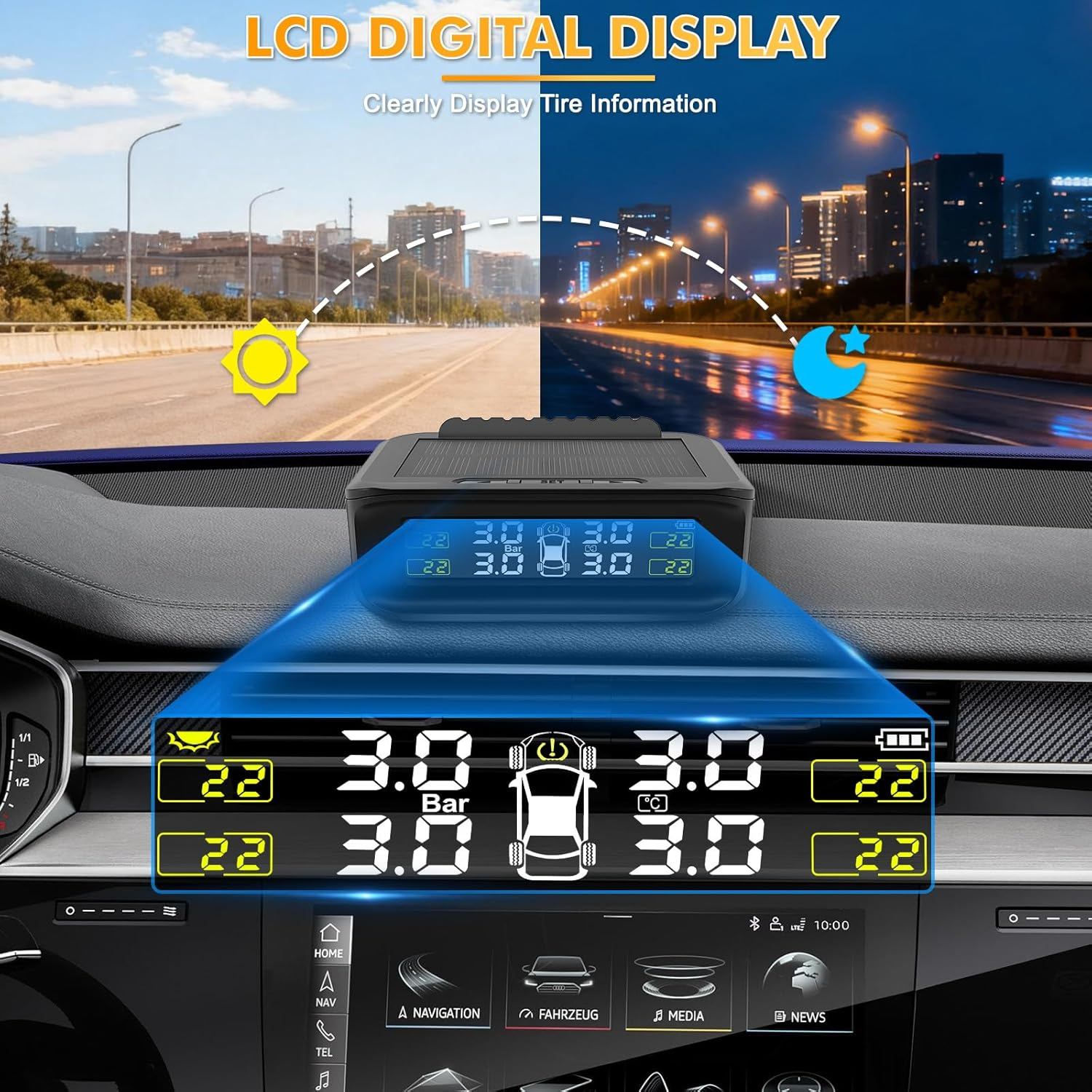 Avutrel TPMS Waterproof Tyre Pressure Monitoring System Wireless Solar Real-Time for Car Caravan SUV RV Trailer Van (0-5 Bar) - 4 External TPMS Sensors with 5 Alarm Modes image number 4