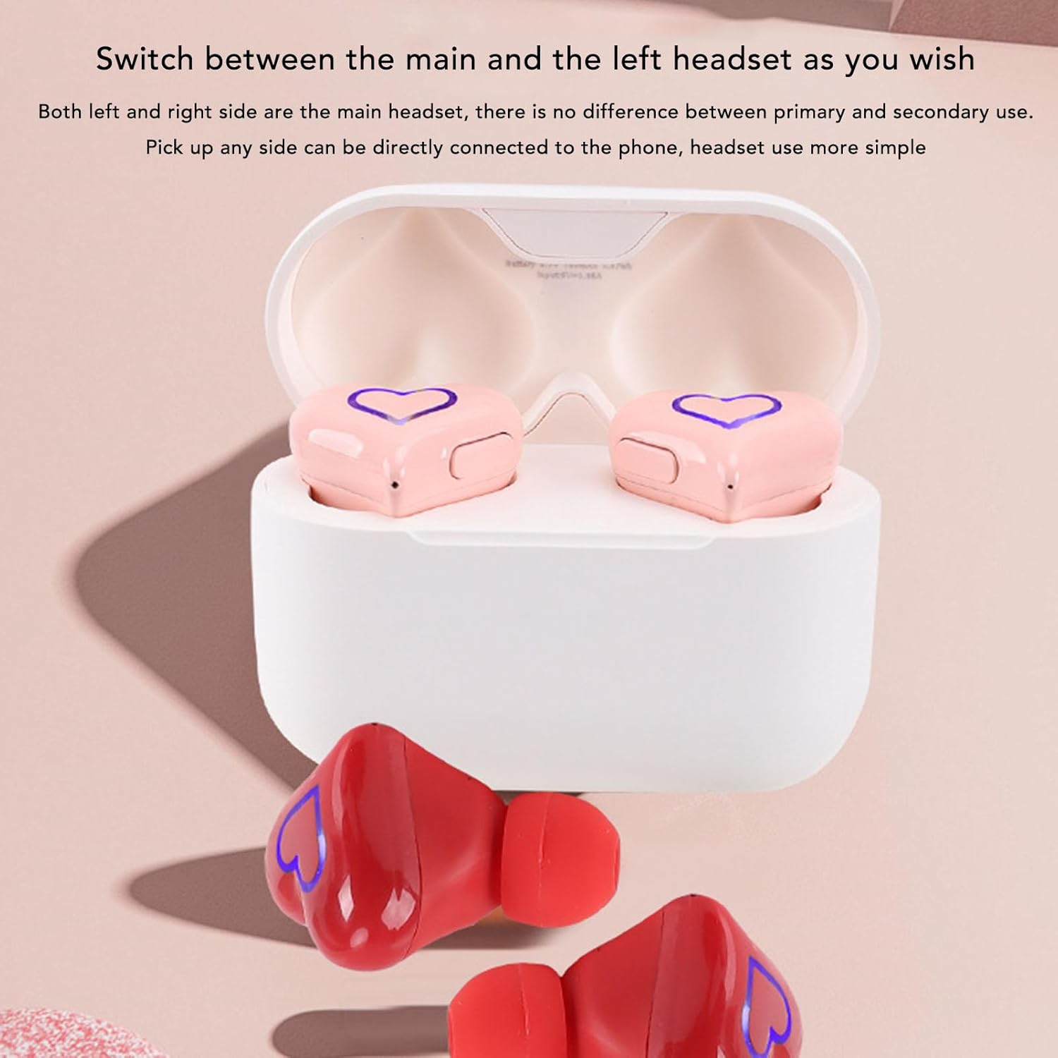 Jectse Heart-Shaped Wireless Earbuds, Bluetooth 5.3 Earphones with Noise Cancellation, Built-In Microphone, Hifi Stereo Sound, Cute Girls Headphones with Charging Case, 8 Earplugs image number 5