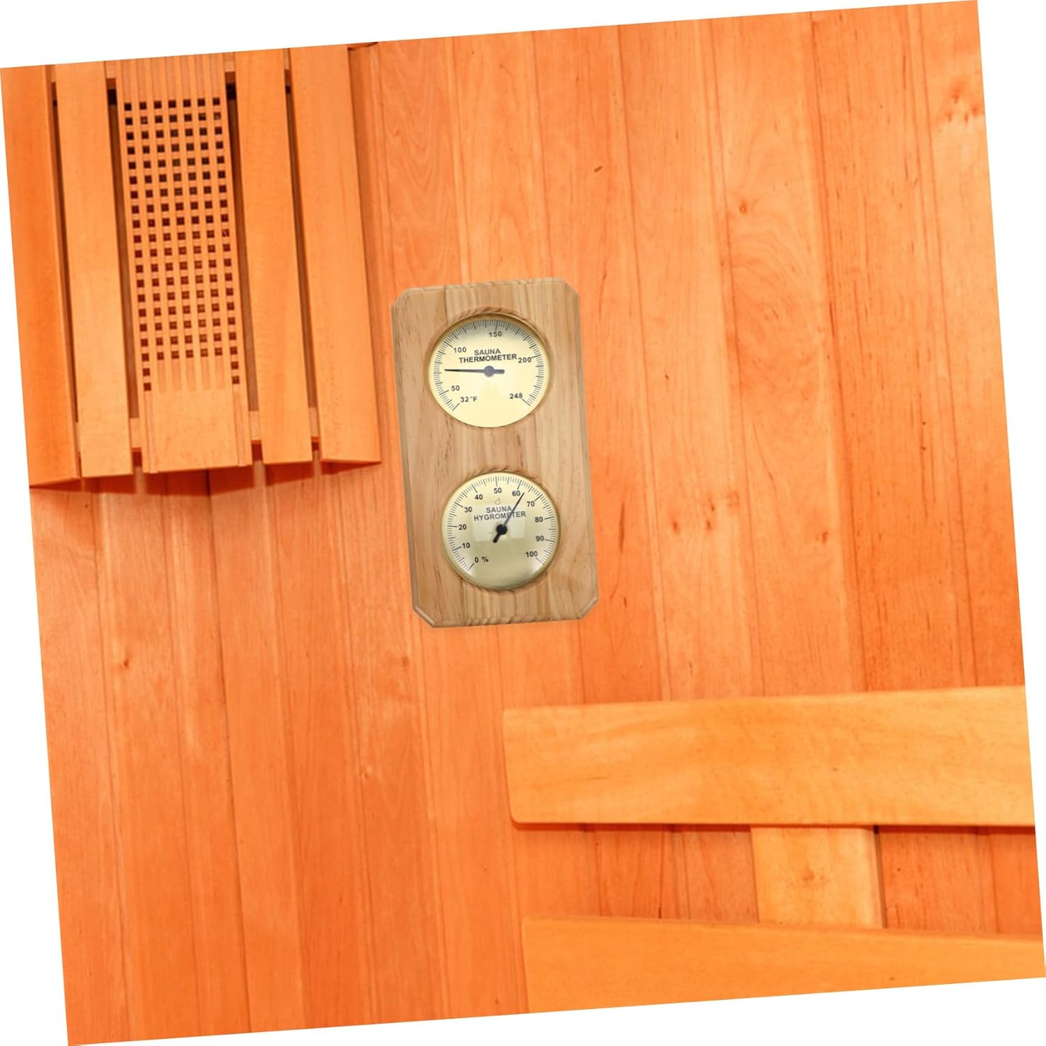 COHEALI High Temperature Resistant Sauna Hygrothermograph Wooden Wall-Mounted Indoor Temperature Humidity Gauge for Sauna Rooms and Swimming Pools Metal Construction Precise Analog