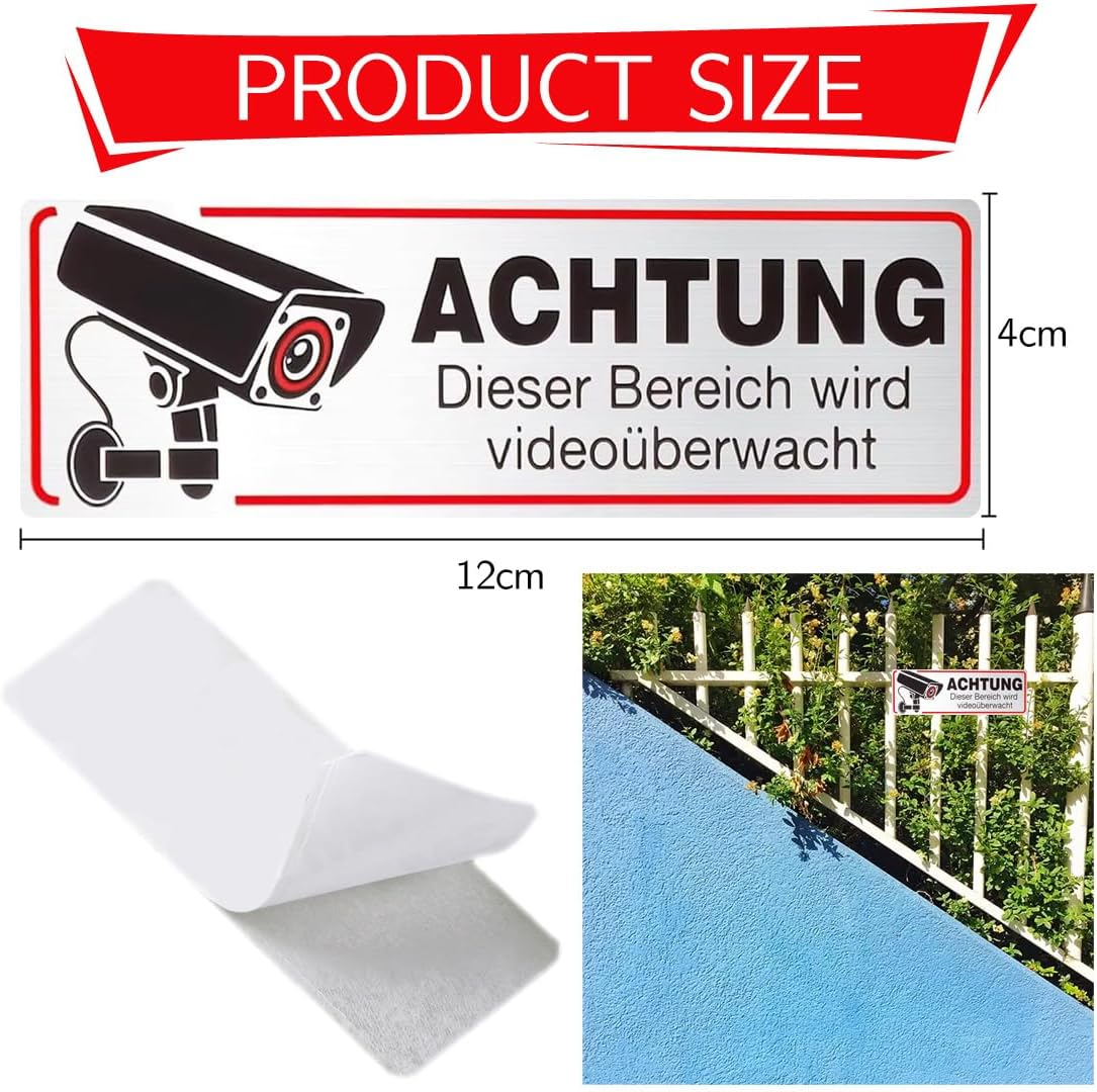 IEBTAWN Set of 2 Sign Video Surveillance Private Property Self-Adhesive 12 X 4 Cm Small Aluminium Security Area Property Video Surveillance Metal Sign for Indoor and Outdoor image number 1
