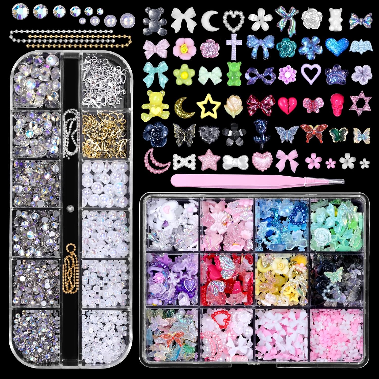 3D Nail Art Charms Set - Flower, Bow, Moon, Heart, Star, Butterfly, Blossom, Half round Pearl Nail Charms, Flatback Gems AB Rhinestones- DIY Nail Art Supplies Accessories image number 2