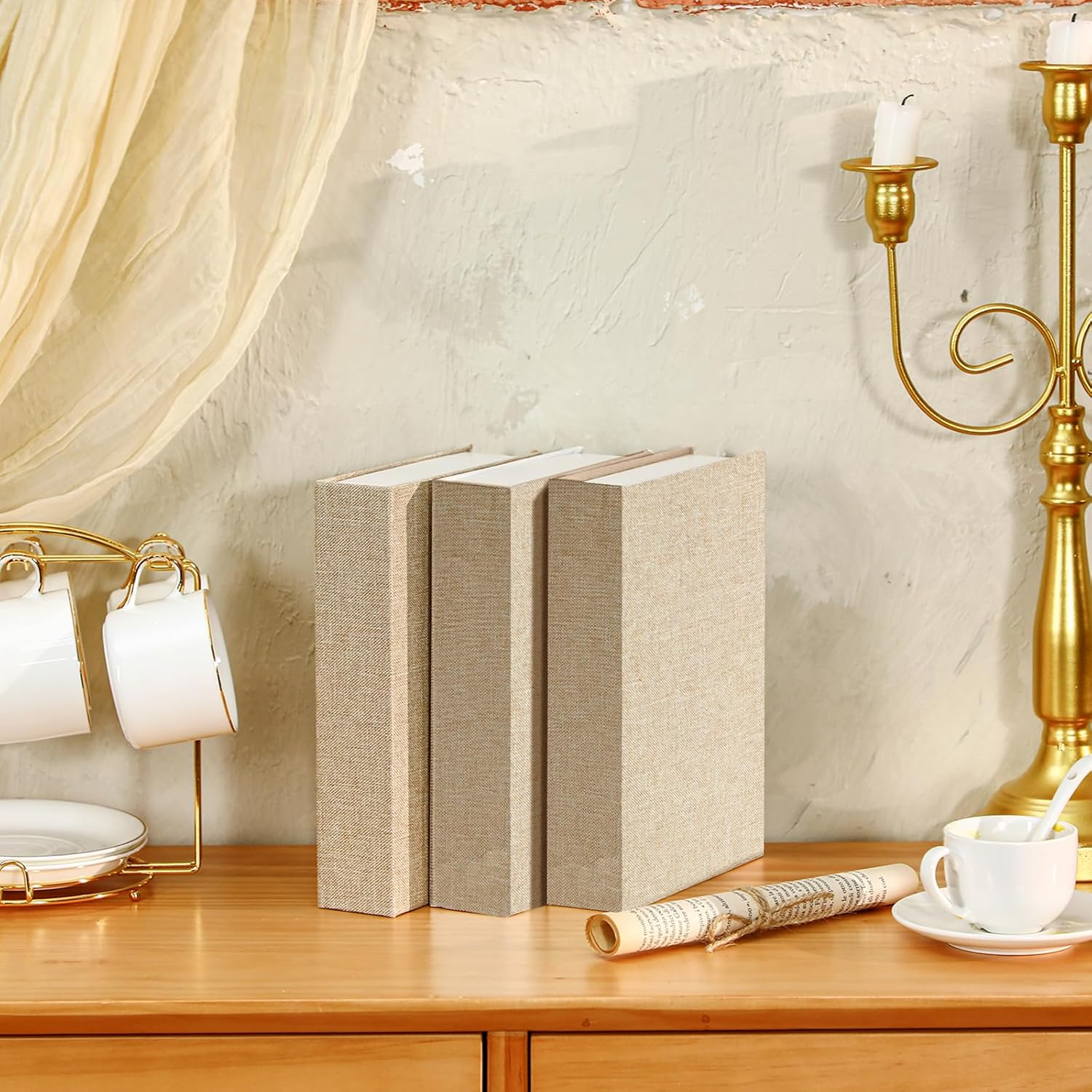 Tioncy 3 Pcs Fake Book Box Neutral Linen Book Box Decorative Faux Prop Storage for Farmhouse Home Decor Shelf Table Card Photo DIY Keepsake Gift(8.6 X 6.1 X 1.8 Inch,Beige)