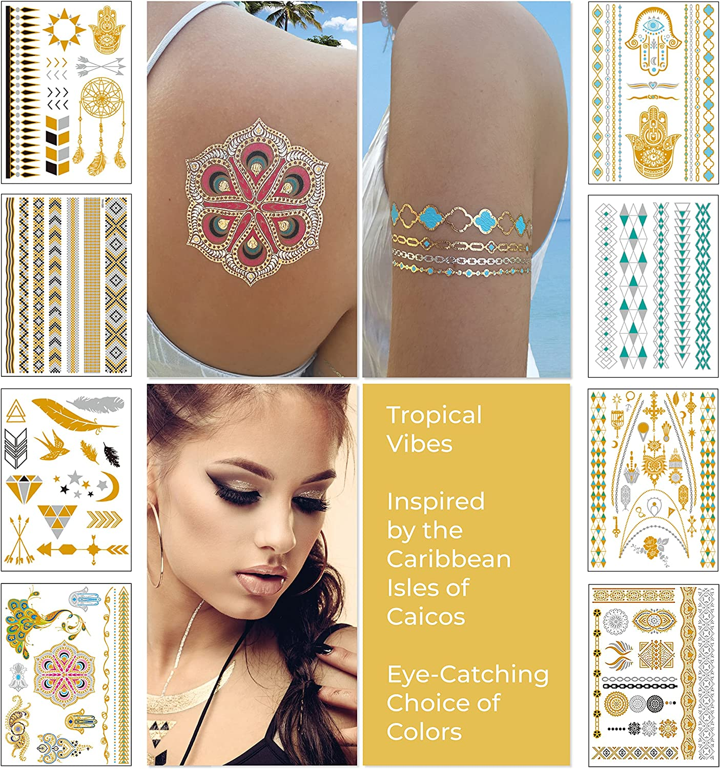 Metallic Temporary Tattoos for Women Teens Girls - 8 Sheets Gold Silver Temporary Tats Glitter Shimmer Designs Jewelry Tattoos - 100+ Color Flash Fake Waterproof Tattoo Stickers (Caicos) image number 4