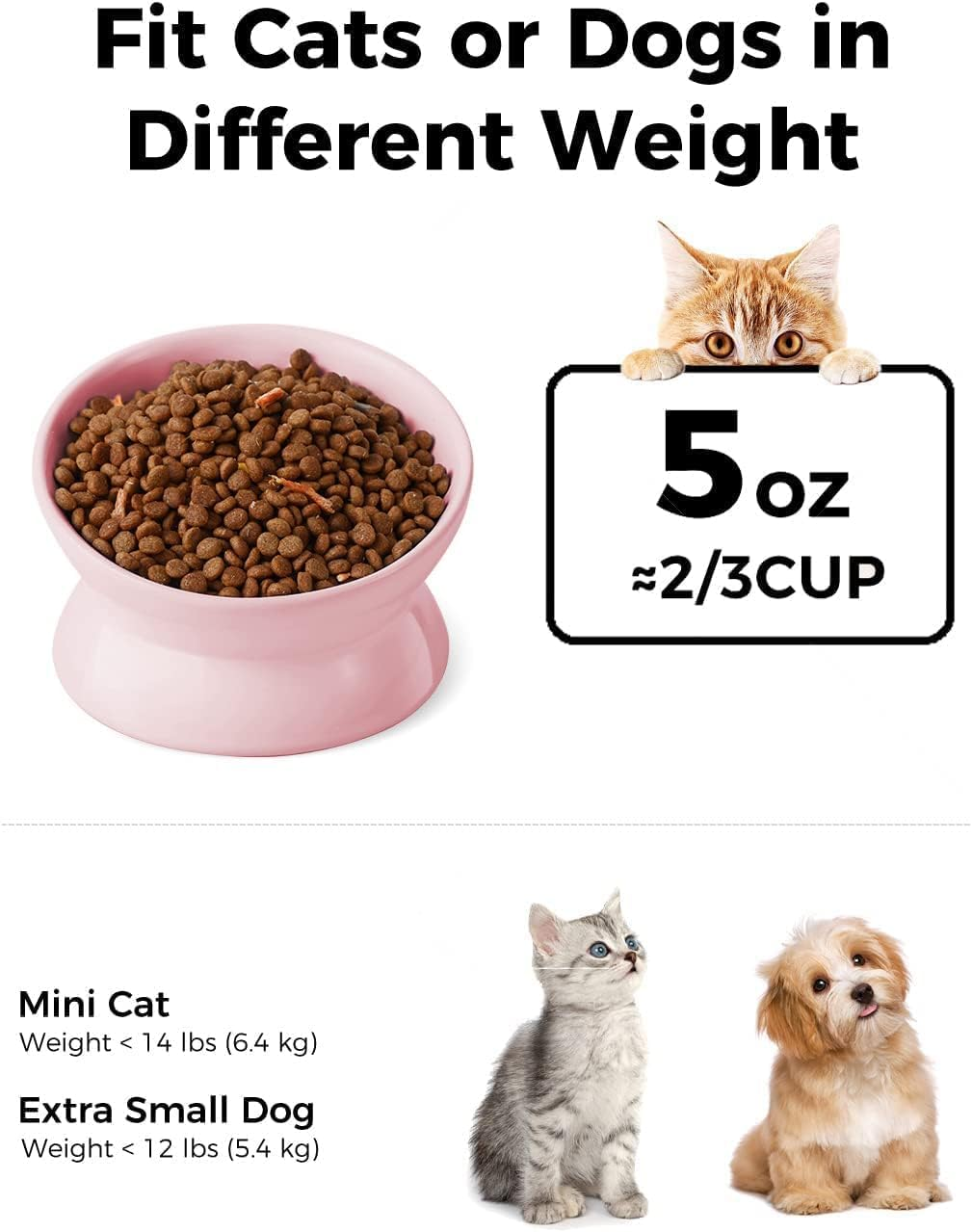 EP Leben Elevated Cat Food Bowl, 5 Oz Ceramic Raised and Tilted Water Bowl, anti Vomiting and Protect Pets' Spines Dishes for Small Dog, Fat Faced Cat, Kitten (Pink)