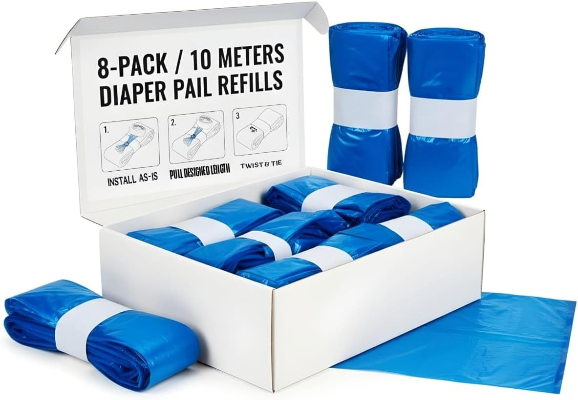 8-Pack Nappy Bin Refill Bags Compatible with Tommee Tippee Twist & Click, Sangenic Tec & Simplee &ndash; 10M Extra Long Diaper Pail Liners, Strong Odor Lock, Eco-Friendly, Cassette Not Included image number 4
