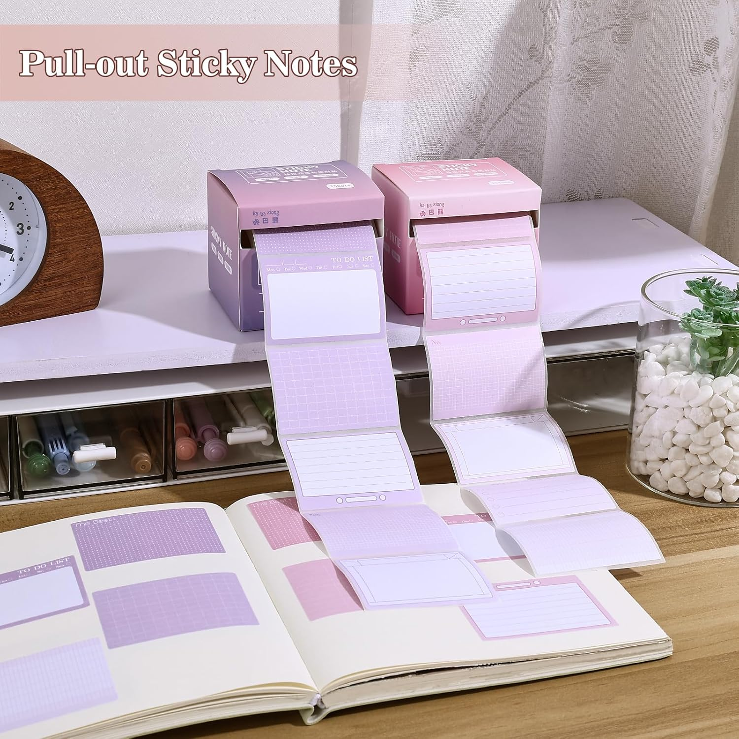 BAYTORY 512 Sheets Sticky Notes Roll Tape, 1.7 X 2.4 Inch Full Adhesive Pop-Out Sticky Notes with Pull Out Dispenser Boxes, Memo Pads Sticker Label for Noting Writing (Pink & Purple)