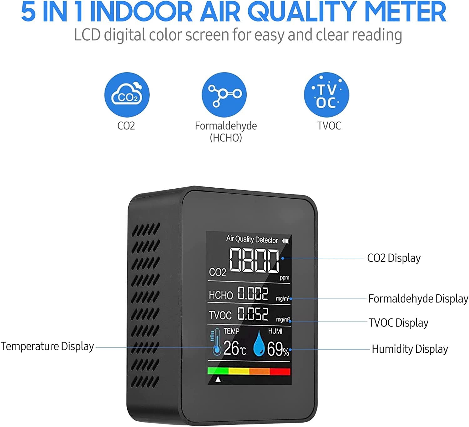 Portable Air Quality Monitor Indoor CO2 Detector 5 in 1 Formaldehyde HCHO TVOC Tester LCD Temperature Humidity Tester Rechargeable CO2 Alarm Meter for Room Office Greenhouse Warehouse image number 3