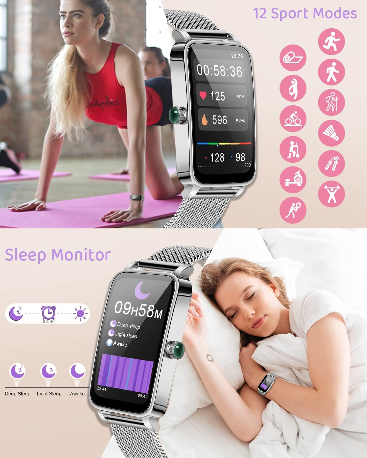 BOCLOUD Smart Watch, Smart Watches for Women Men, Iphone Android Smart Watch with Blood Oxygen/Heart Rate/Sleep Monitor, IP68 Waterproof Fitness Tracker with 12 Workout Modes (Silver), Silver, M, Elegant, Classic, Casual, Sport, Health image number 2