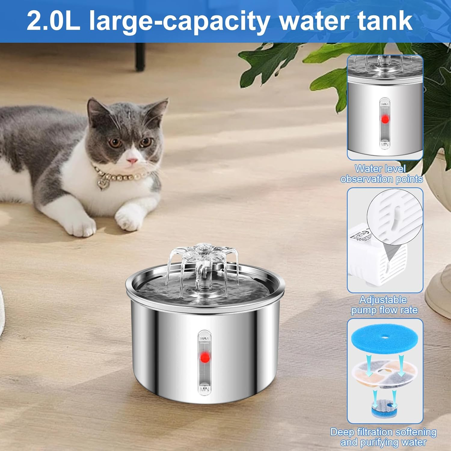 Undres 2L Cat Fountain, Drinking Fountain for Cat, Pet Fountain, 304 Stainless Steel Material, Activated Carbon Filtering, Use of a Silent 5V Low Pressure Water Pump, USB Powered Interface image number 2