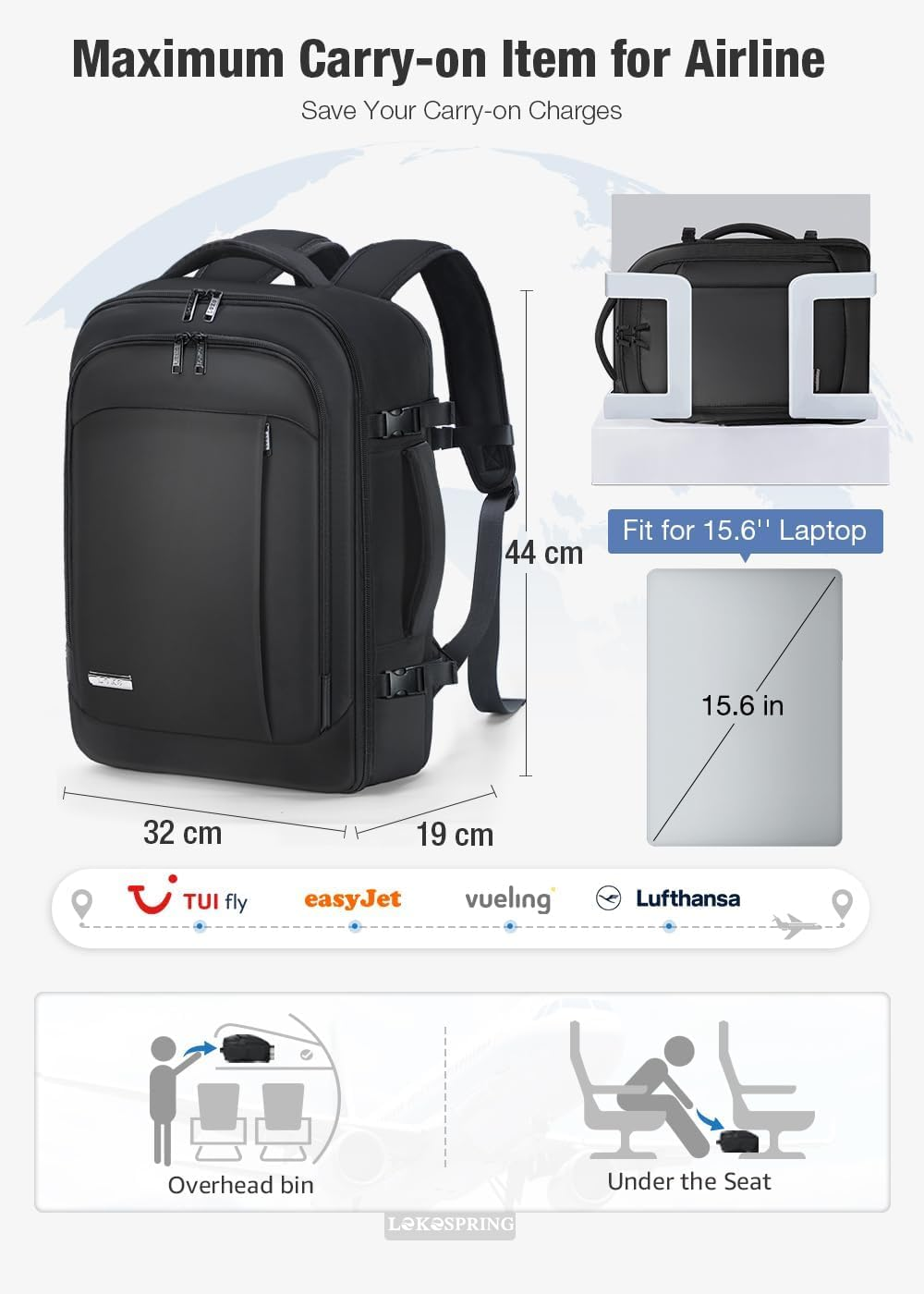 Handgep&auml;ck Rucksack 40X20X25 Cm F&uuml;r Ryanair, Reiserucksack Mit 6 Packing Cubes, Kabinentasche F&uuml;r Flugzeug, Business, Arbeit, Weekender & Kurztrip image number 4