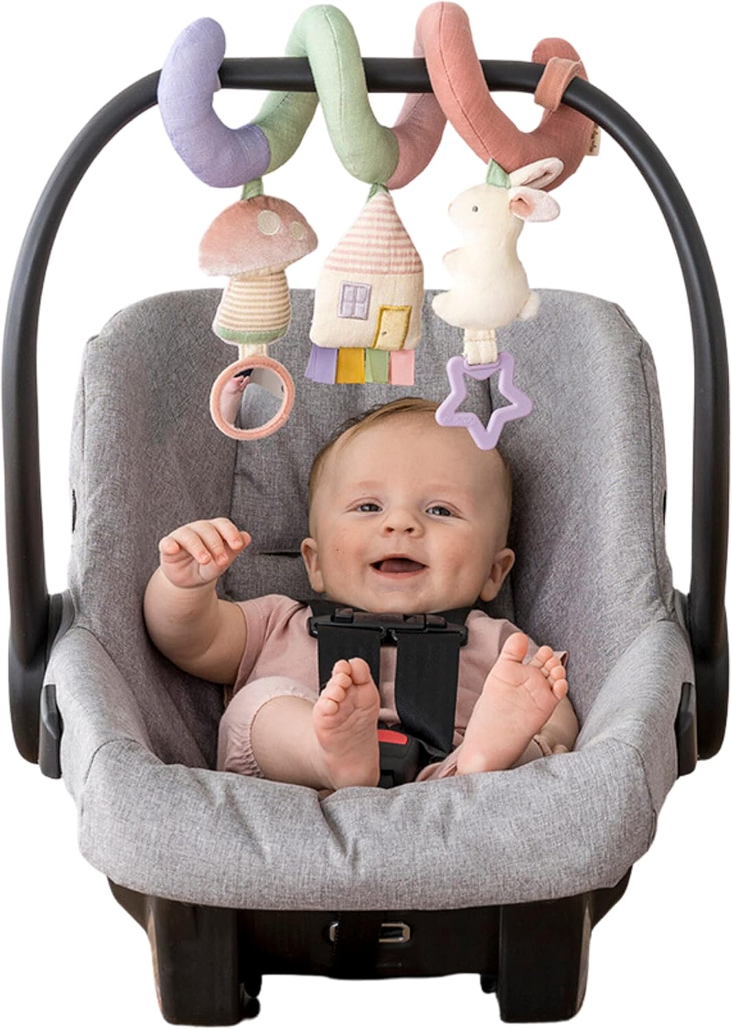 Itzy Ritzy Spiral Car Seat & Stroller Activity Toy - Stroller & Car Seat Toys for Ages 0 Months and up - Hanging Toys Include Dangling Ring, Mirror and Textured Ribbons (Pastel Rainbow) image number 4