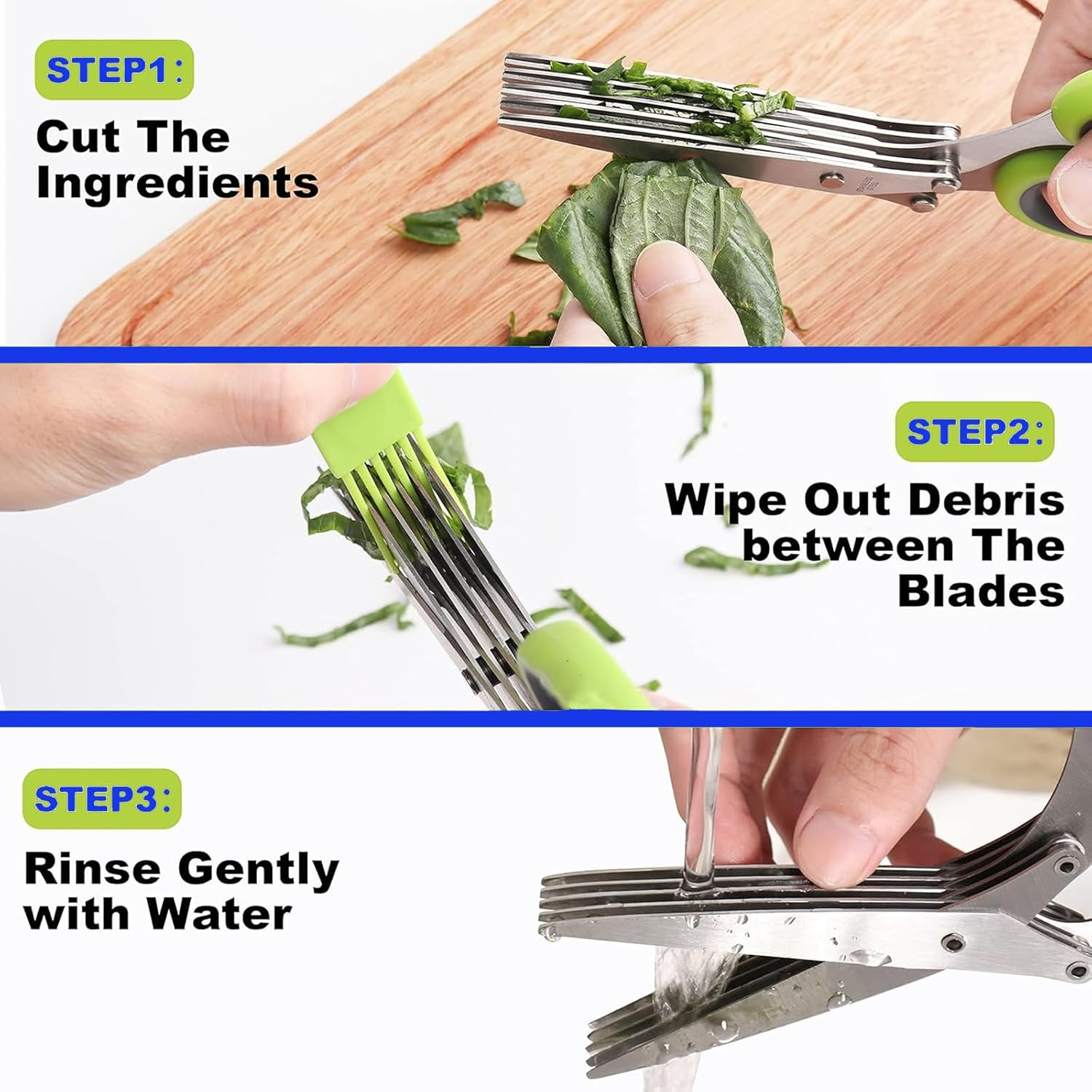 3PCS Gourmet Herb Scissors Set - Stainless Steel 5-Blade Multi-Purpose Kitchen Scissors with Safety Cover and Cleaning Comb - Cutter/Chopper/Chopper for Herbs - Kitchen Gadgets image number 6