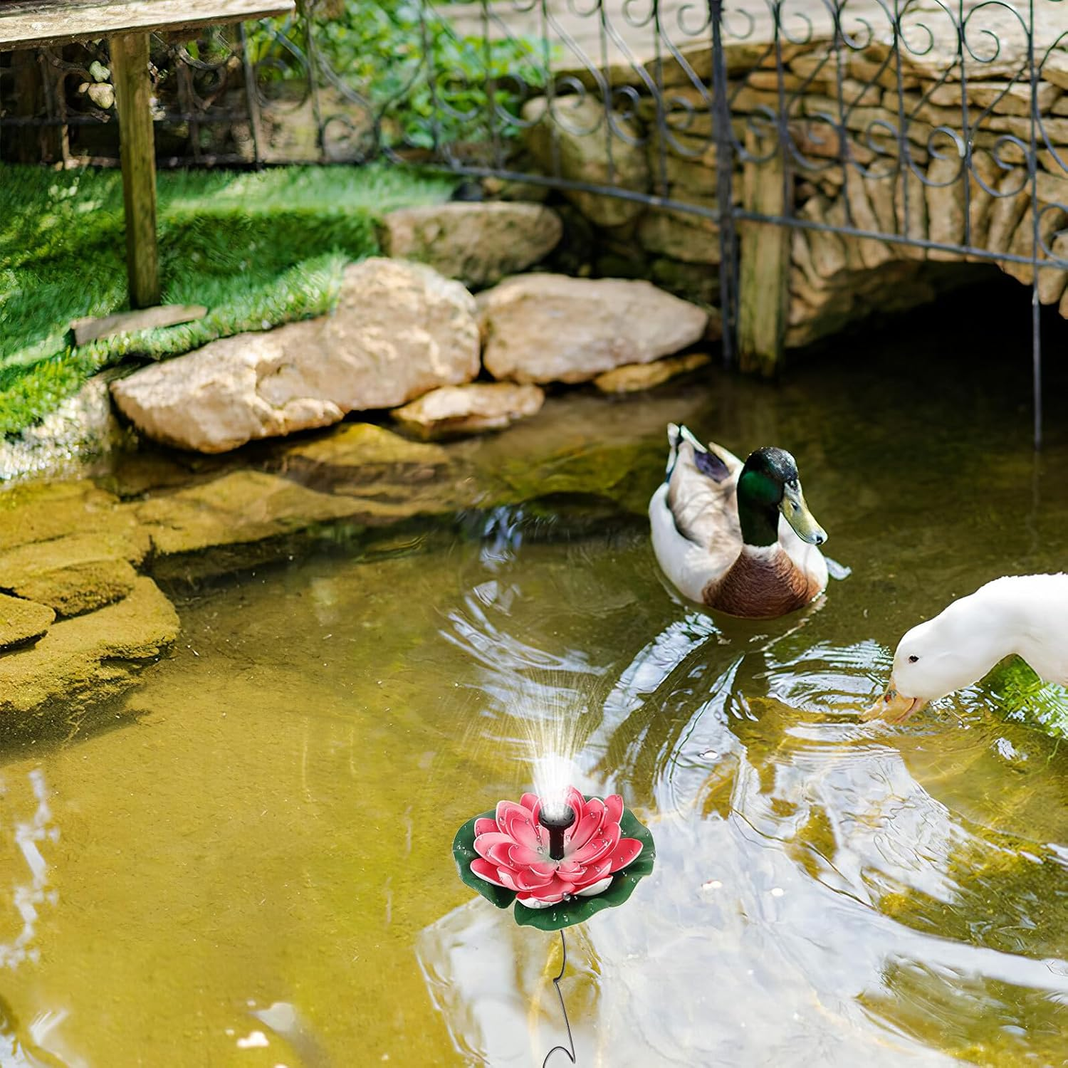 COHEALI Lotus-Shaped Solar Fountain Floating Water Feature for Outdoor Garden Landscape Decoration with Cherry Red Flower Design Battery Not Included