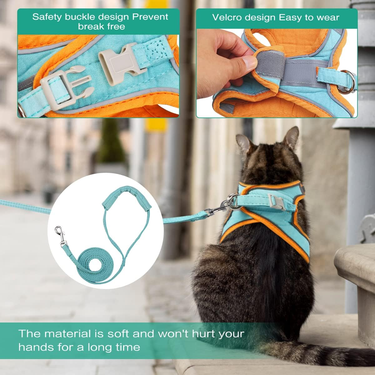 ORIA Pet Harness and Leash Set, Adjustable Dog Harness Cat Harness, Breathable Pet Vest, Reflective Strips Jacket for Walking, for Small Kitten, Puppy -Orange & Blue, XXS image number 4