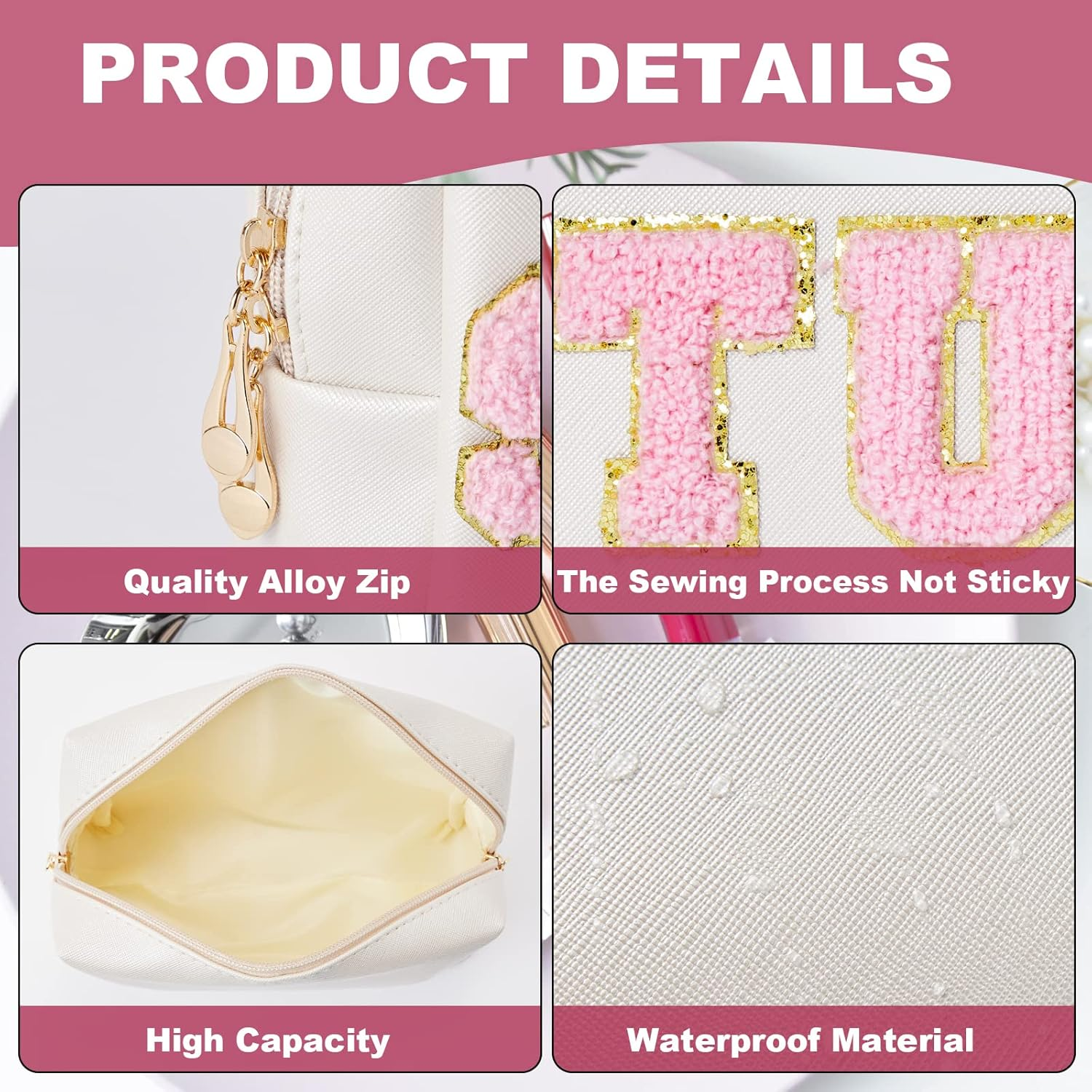 Preppy Patch Stuff Portable Makeup Bag Bulk Pu Leather Cosmetic Bag Waterproof Travel Organizer Zipper Pouch Storage Purse for Women Girls Gift, Hzb-Js-Stuff-1, ZJ2463, Burskit Preppy Patch